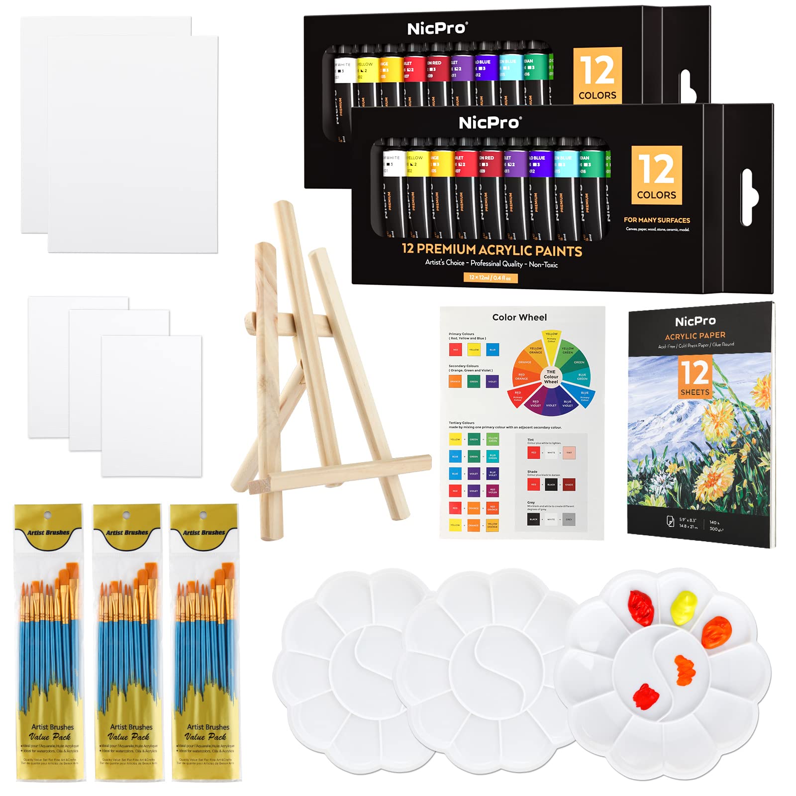 Nicpro Acrylic Paint Set Kid & Adult Art Painting Party Kit 2 Set of  Acrylic Paint (12 Colors) 30pcs Paint Brushes 5 Canvas Panel Wood Easel 3  Tray A5 Paper Pad Color