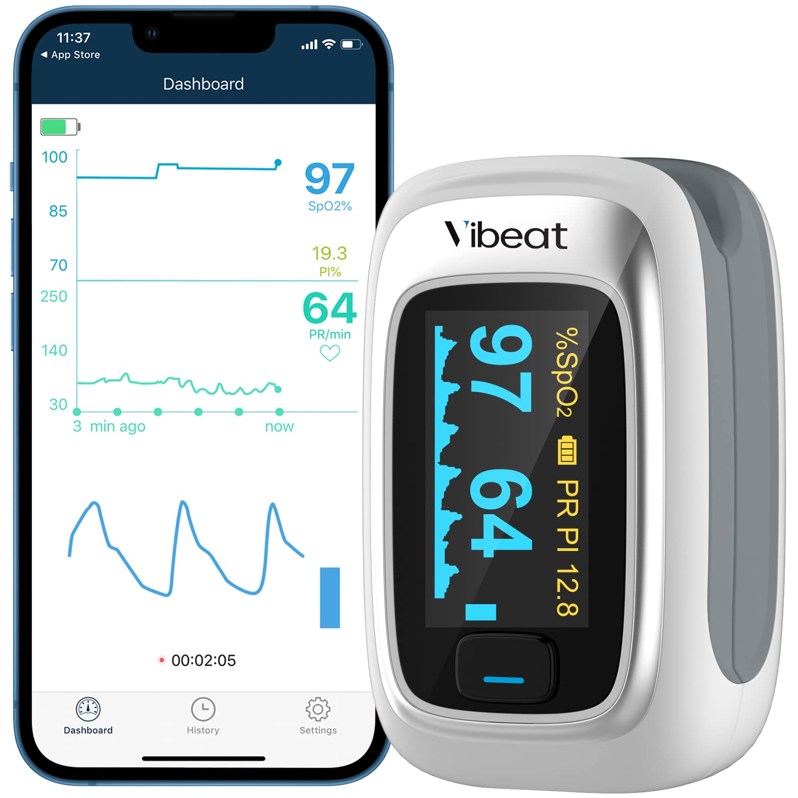 Vibeat Bluetooth Fingertip Pulse Oximeter with Pulse Rate Blood Oxygen