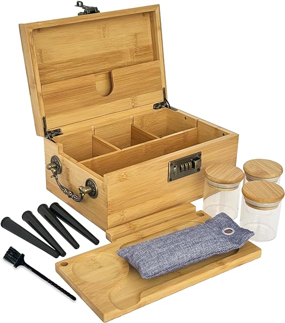  Bamboo Stash Kit, Storage Box, Rolling Tray, Rolling