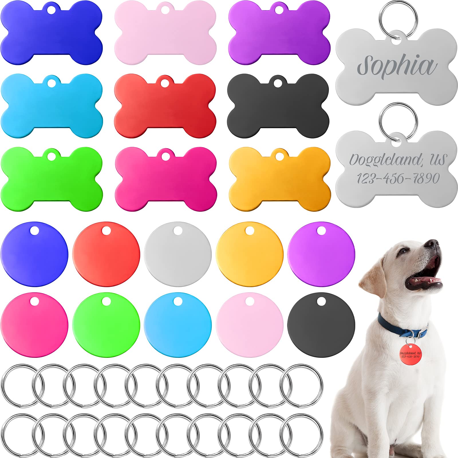 20 Pieces Colorful Aluminum Dog ID Tags with Keyrings Stamped Pet Tags  Round Bone Shape Dog Stamping Blank Tags Personalized Engraved Pet Name  Number Tags for Cat Puppy Kitten Pets, 10 Colors