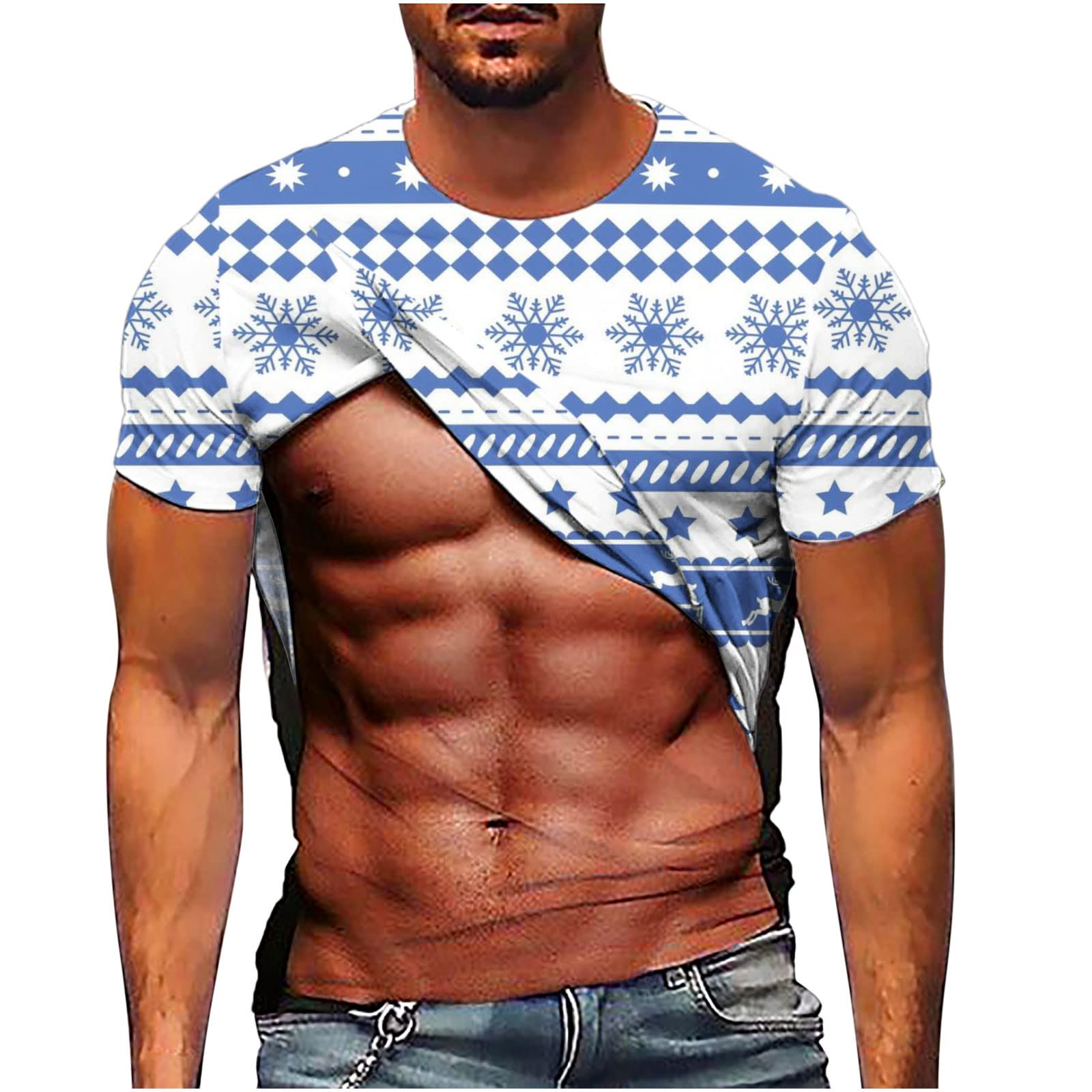 Funny Christmas T-Shirts for Adults Novelty Muscle Print T-Shirt 3D Fake  Abs Top Round Neck Short Sleeve T-Shirt Tops 1-light Blue Large