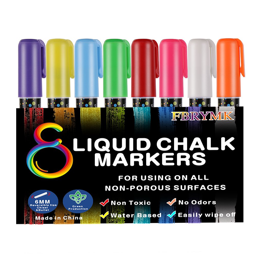 FBRYMK Liquid Chalk Markers Erasable - 8 Vibrant Colors, 6 mm Reversible  Tip Chalk Markers for Chalkboard, Mirror, Car Window, Bistro Board, Any  Non-Porous Surface