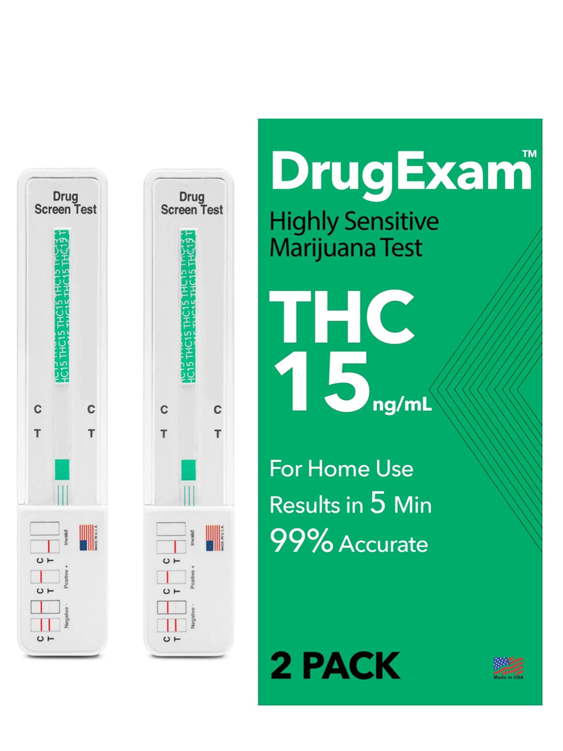 2 Pack - DrugExam Made in USA Most Sensitive Marijuana THC 15 ng/mL Single  Panel Drug Test Kit - Marijuana Drug Test with 15 ng/mL Cutoff Level for  Detecting Any Form of THC (3) (2)