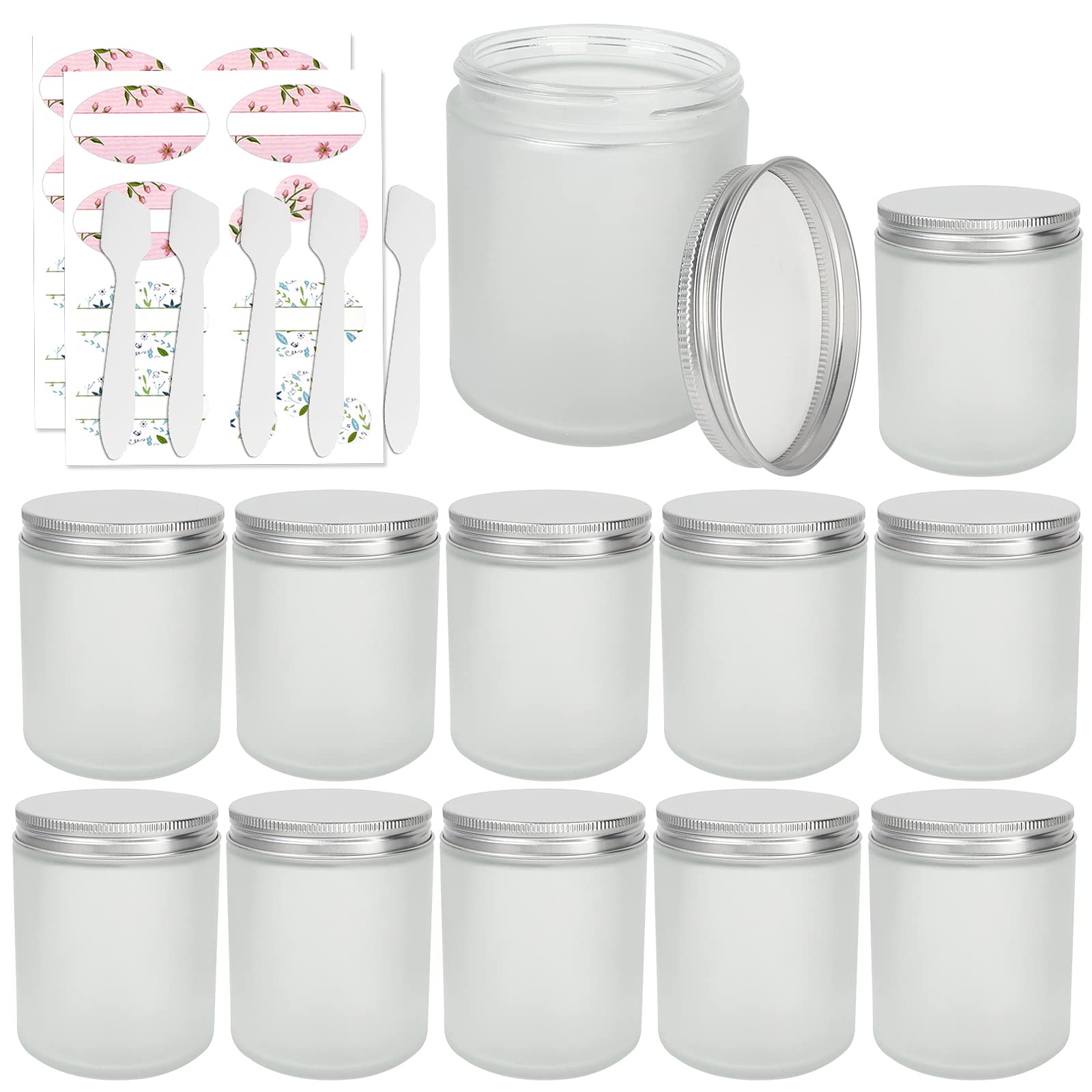 12 Pack 8 oz Round Frosted Glass Jars with Silver Metal Lids