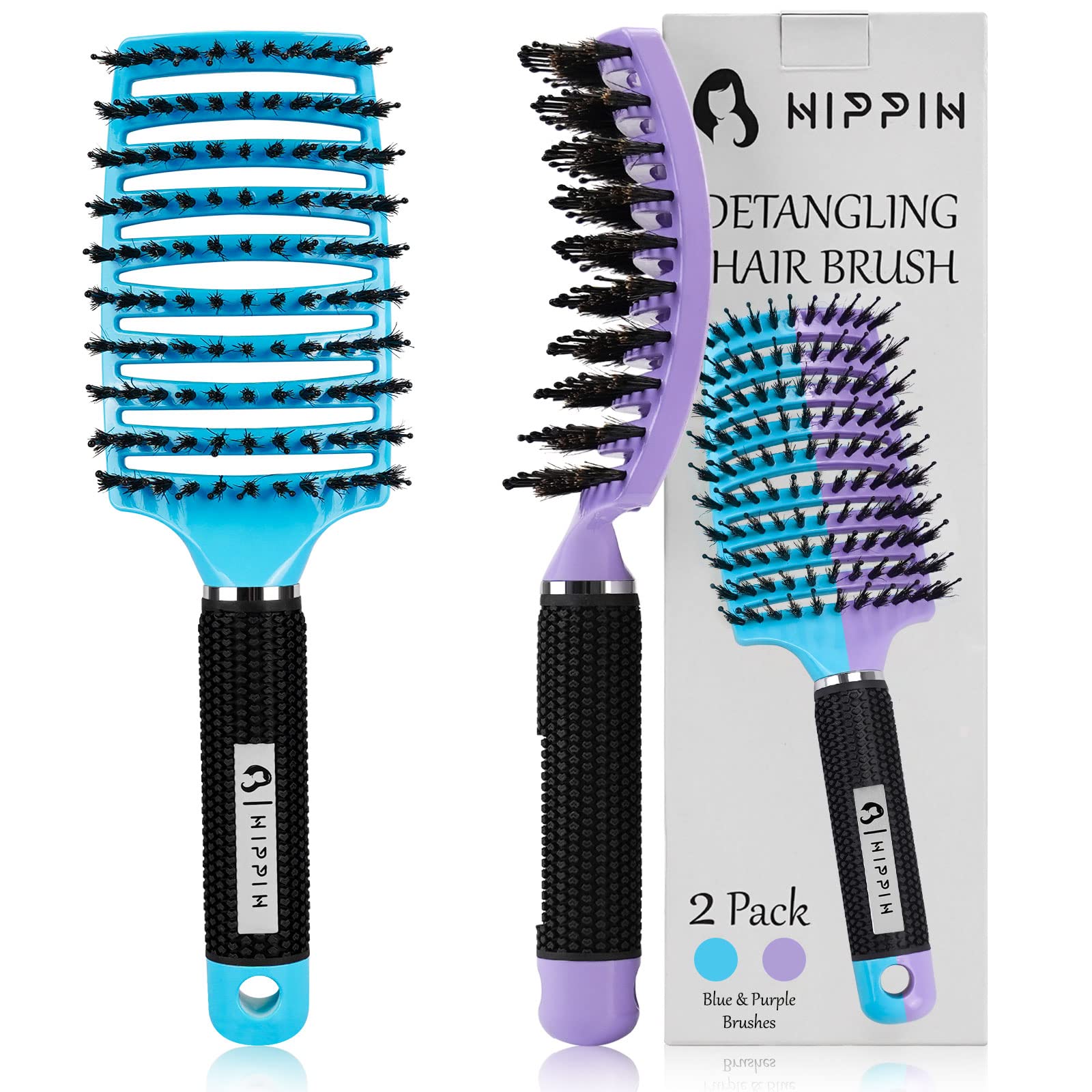 Boar Bristle Hair Brush 2 Pack, HIPPIH Wet & Dry No Pull Curved