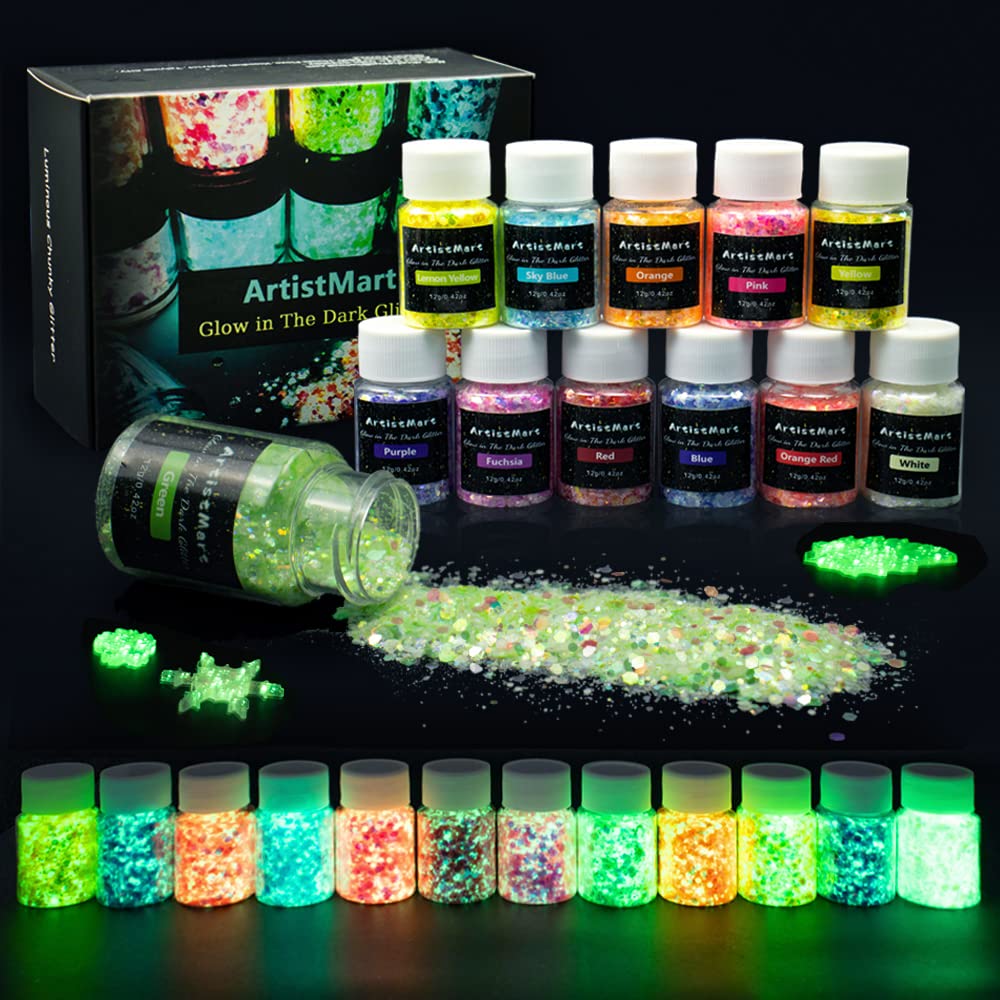 Glow in The Dark Glitter, 12 Colors Chunky Glitter for Tumblers