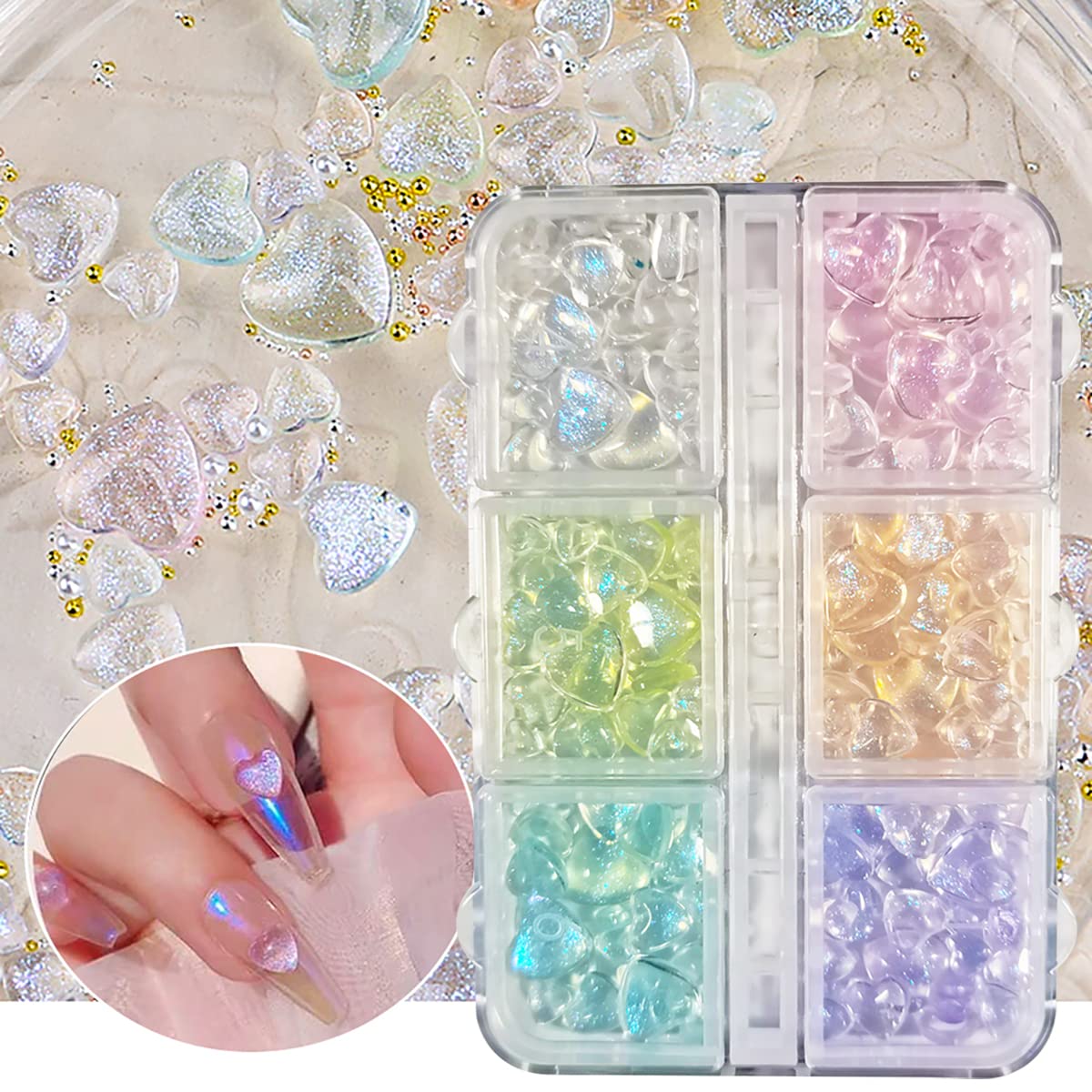 SANNXIX 3D Aurora Heart Nail Charms 200 Pcs Shiny Heart Nail Art