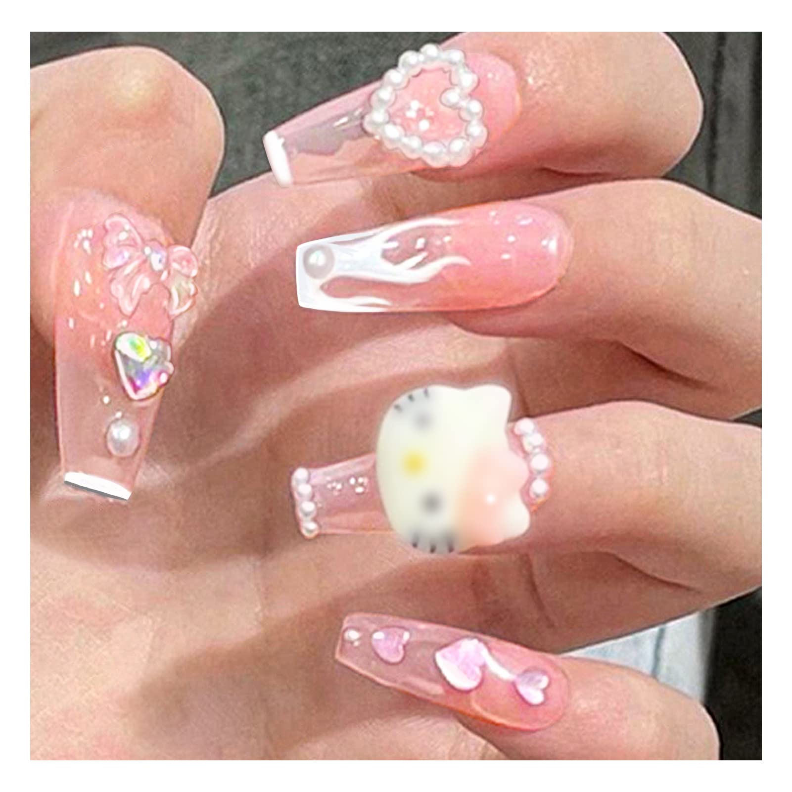 Pink & White Nails Design With Rhinestones Press on Nails Pink and White  Press on Nails Heart Design 