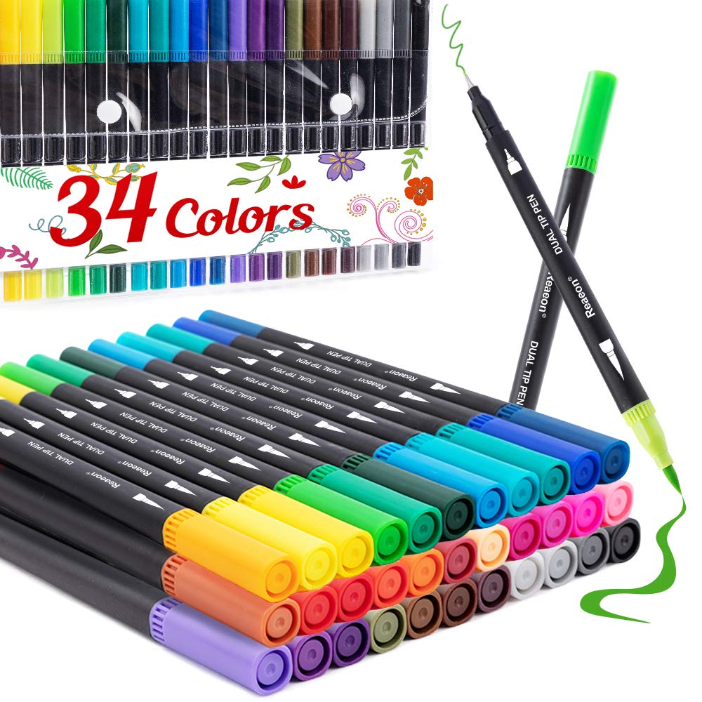 Coloring Markers Pen Dual Brush Tip Marker for Adult Coloring 34 Color  Calligraphy Fine Tip Pen for Beginner Journal Planner Drawing Doodle