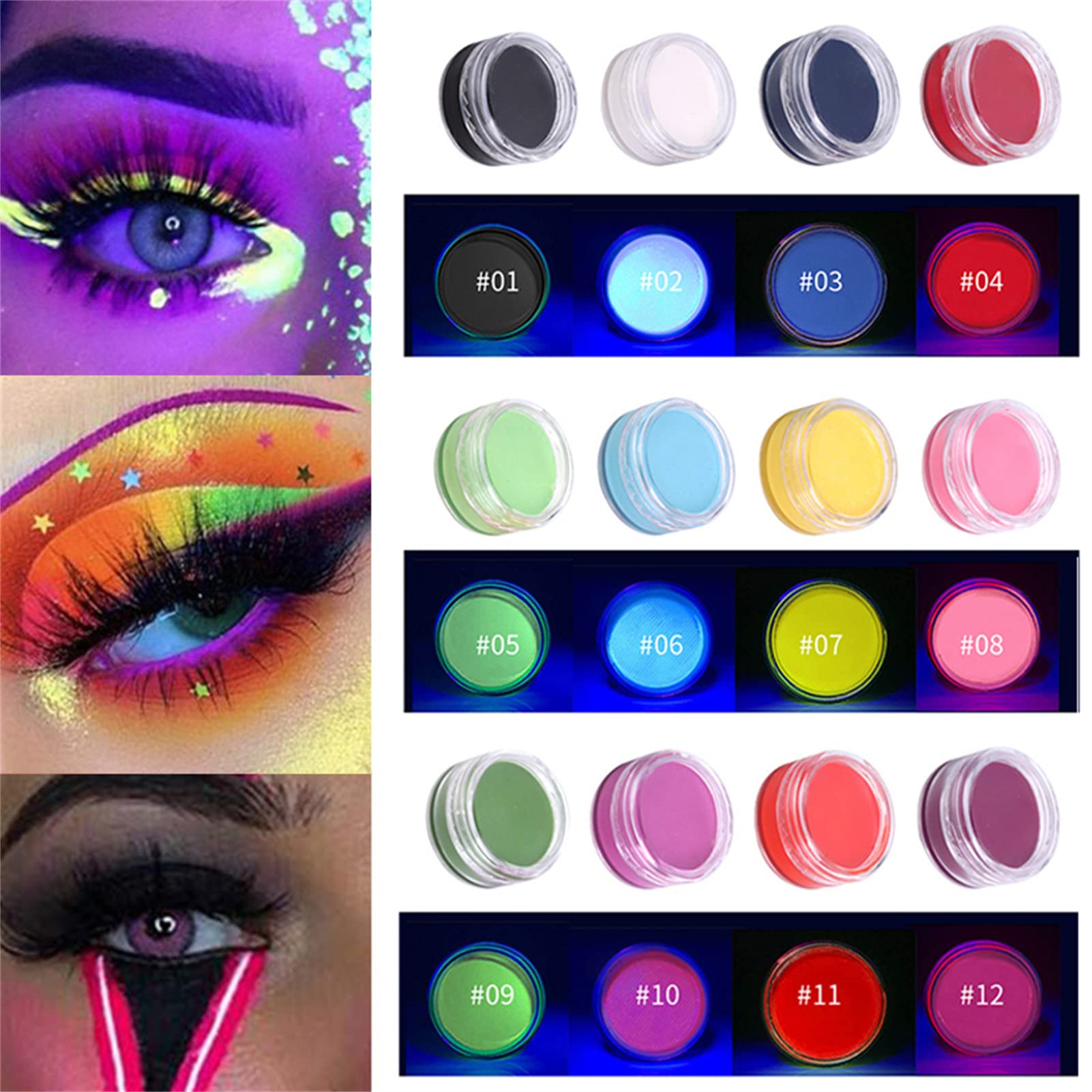 BONNIESTORE 12Pcs Water Activated Eyeliner U V Glow Neon Cake Paint 12 Neon  Colors Cake Hydra Eye Liner U V Glow Blacklight Luminous Body Face Art  Paint Makeup for Halloween Party and Club Makeup