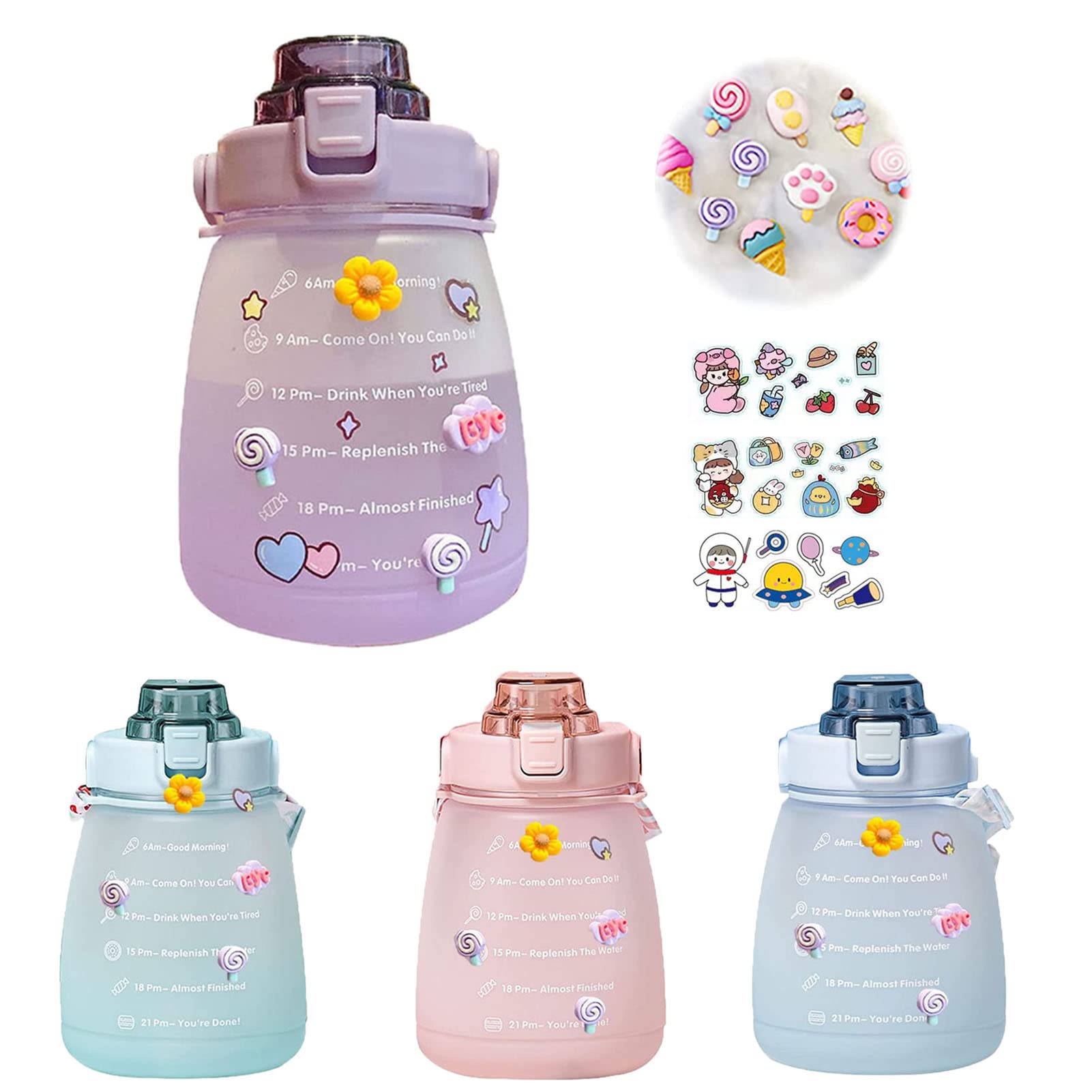 2 Liter Cute Water Bottle with Stickers Straw Bounce Lid Time Scale  Reminder Fro