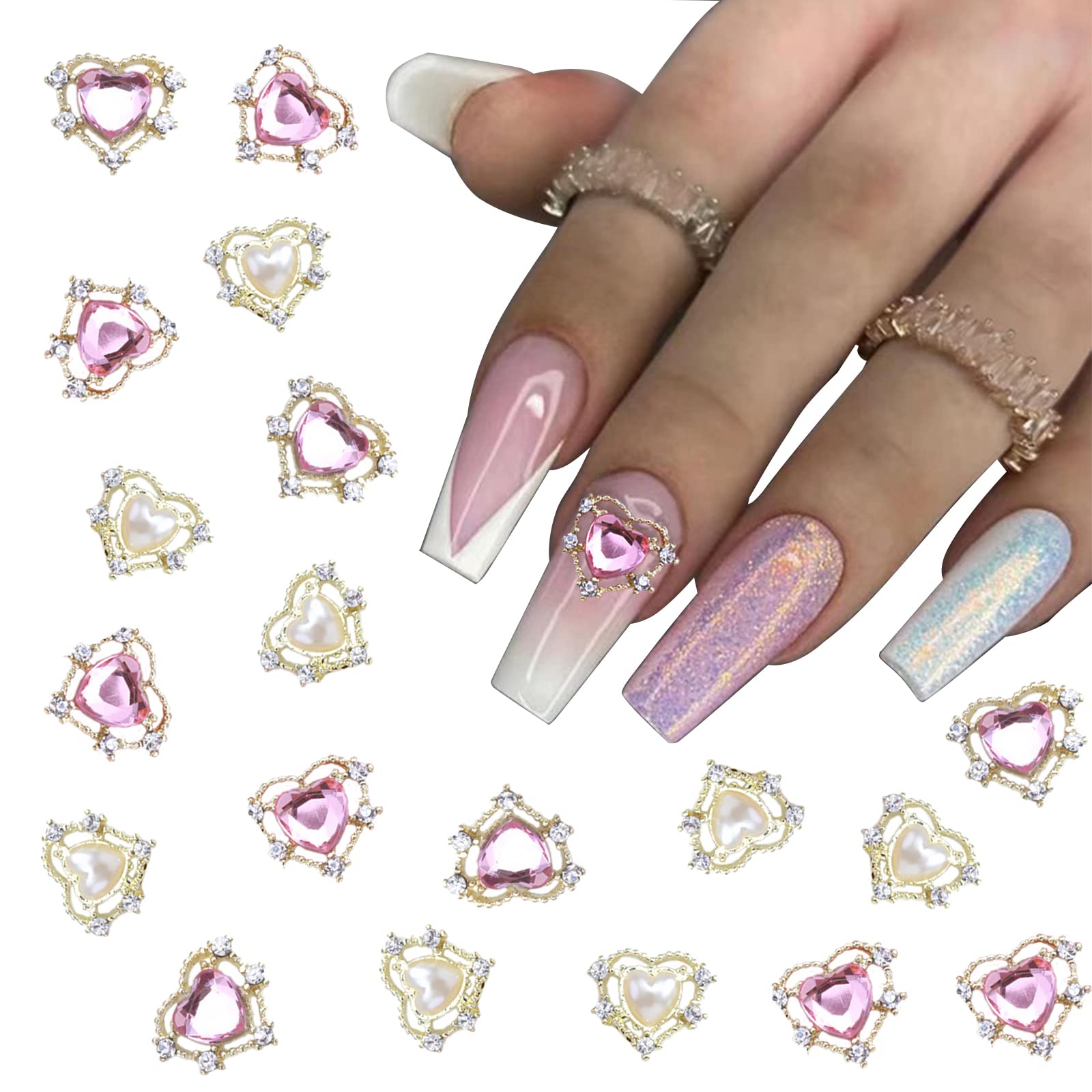 DOSDON Heart Nail Charms Luxury Nail Charms Pearl Nail Charms Pair Hearts 3D Nail Art Jewels Valentine's Nail Charms Heart Face Gems Love Crystal Jewels