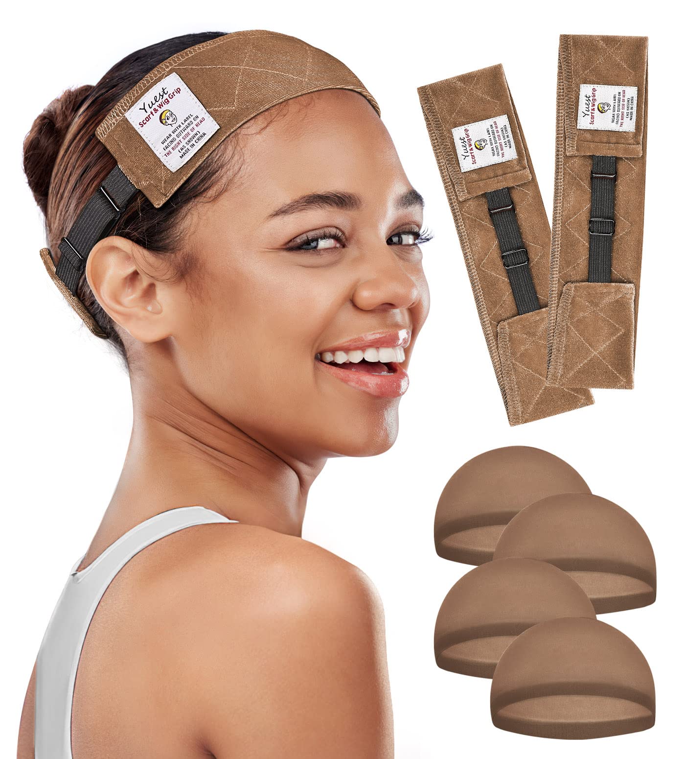 Yuest Wig Grip Wig Bands for Keeping Wigs in Place Velvet Wig Grips  Headband No Slip Wig Gripper 2 Pcs Brown-2 pcs Wig Grip+4 pcs Wig Cap