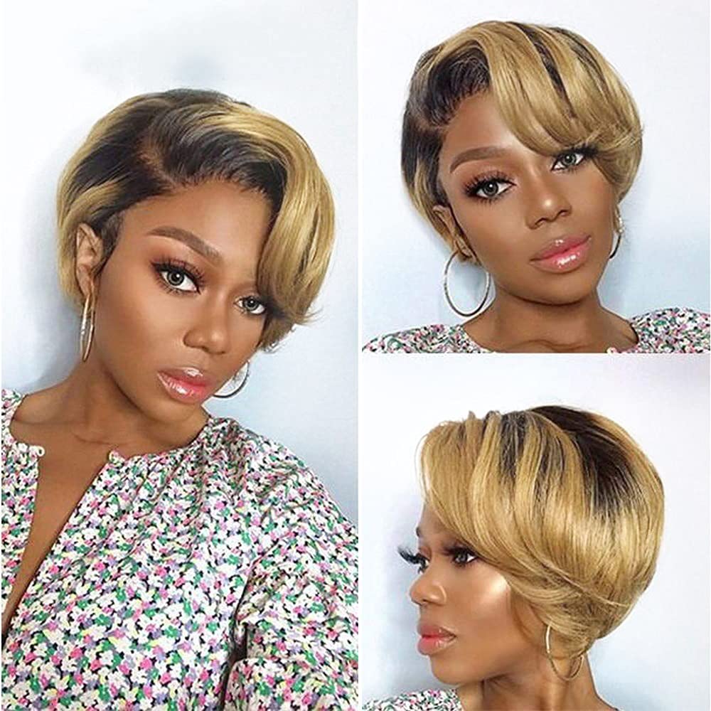 Short Pixie Cut Wigs for Black Women Lace Frontal Human Hair Wigs Pre  Plucked Brazilian 13x6x1 T Part Ombre Transparent HD Lace Front Wigs Human  Hair Frontal Wigs with Baby Hair Natural