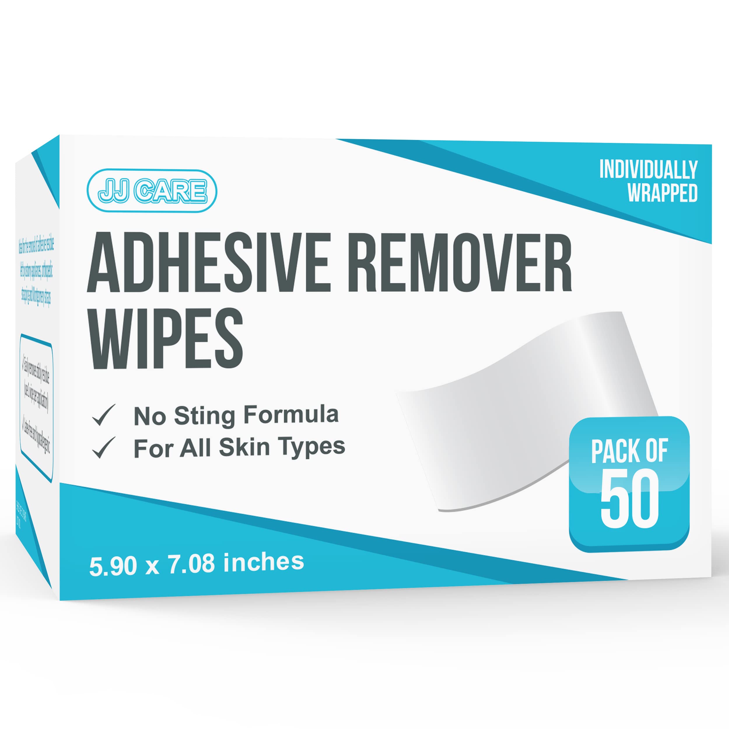 JJ CARE Adhesive Remover Wipes Pack of 50 6x7 Large Stoma Wipes