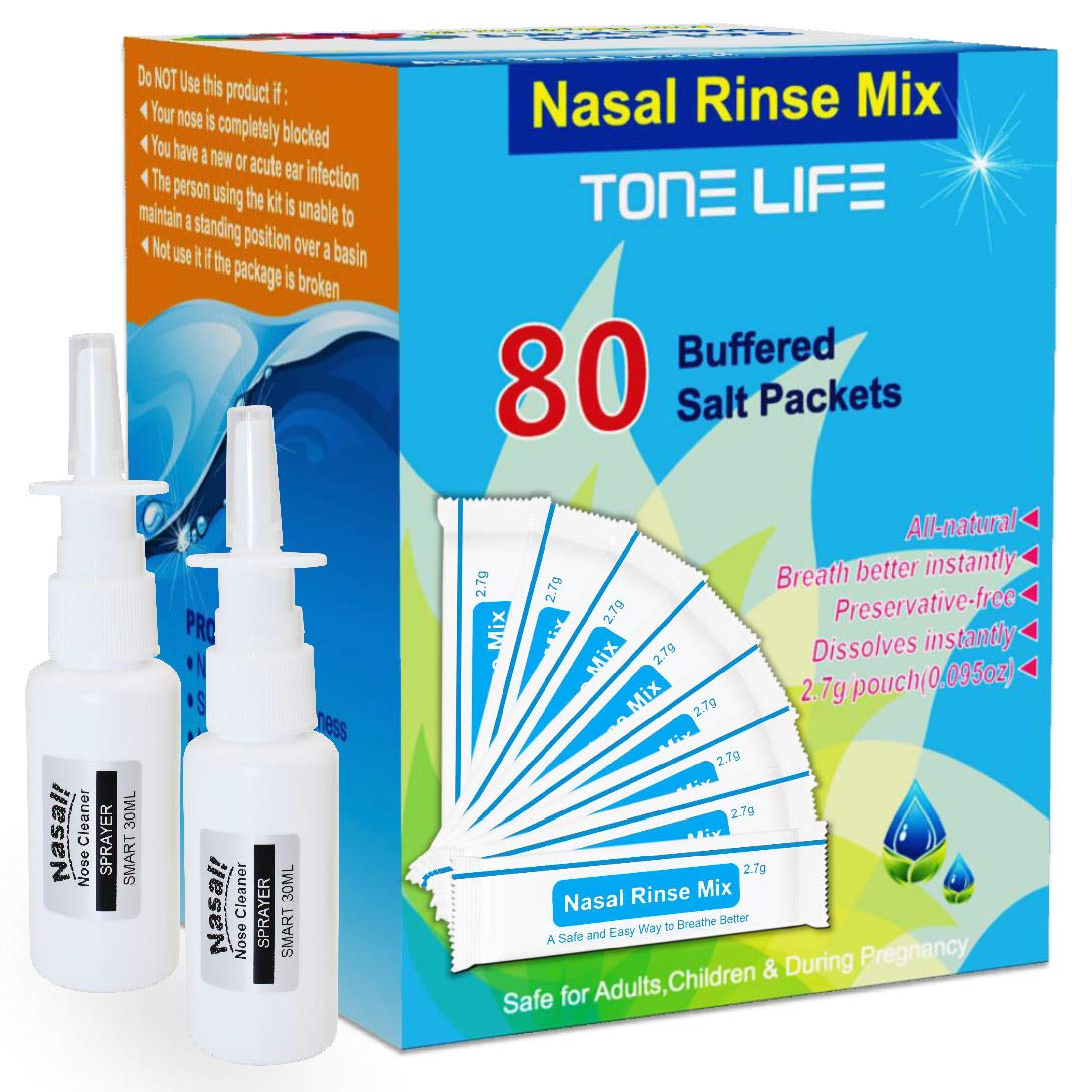 TONELIFE 80 Count Saline Nasal Care Refills +2 Nasal Sprayer - Nasal Salt  2.7g Each Pouch, Refill Kit, 80 Buffered Salt Packets