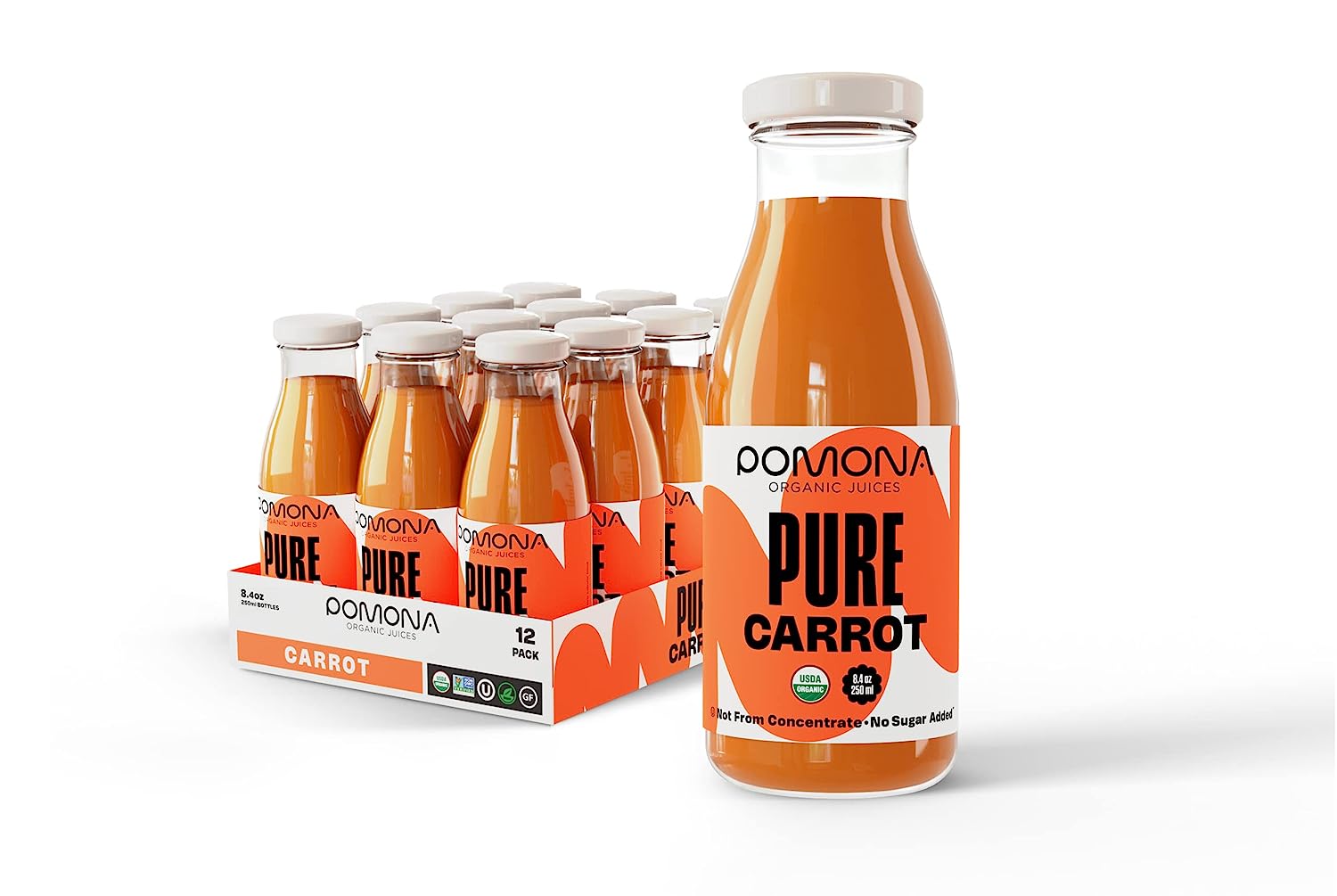 Pomona Organic Carrot Juice (Pack of 12), Cold Pressed USDA Organic Juices,  100% Carrots, No Added Sugar, Not From Concentrate, Vegan, Kosher, Non GMO,  Pasteurized, 8.4 oz Glass Bottles