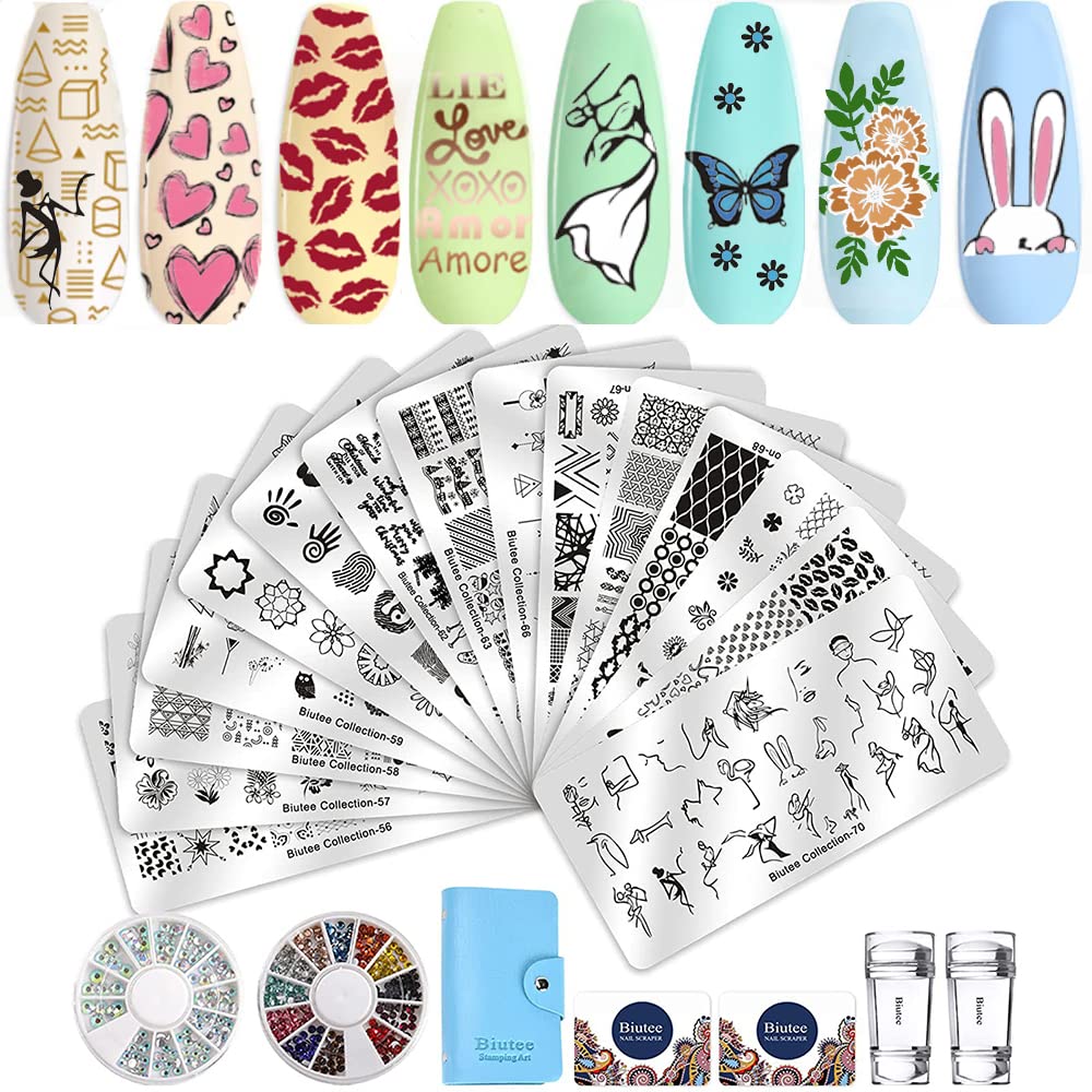  Biutee Nail Stamping Plates Nail Stamping Kit Flower Leaf  Geometry Line Butterfly Pattern Nail Stamp Plate with Nail Stamper Scraper  Storage Bag Gift Box Nail Stamp Templates for Nail Art Design