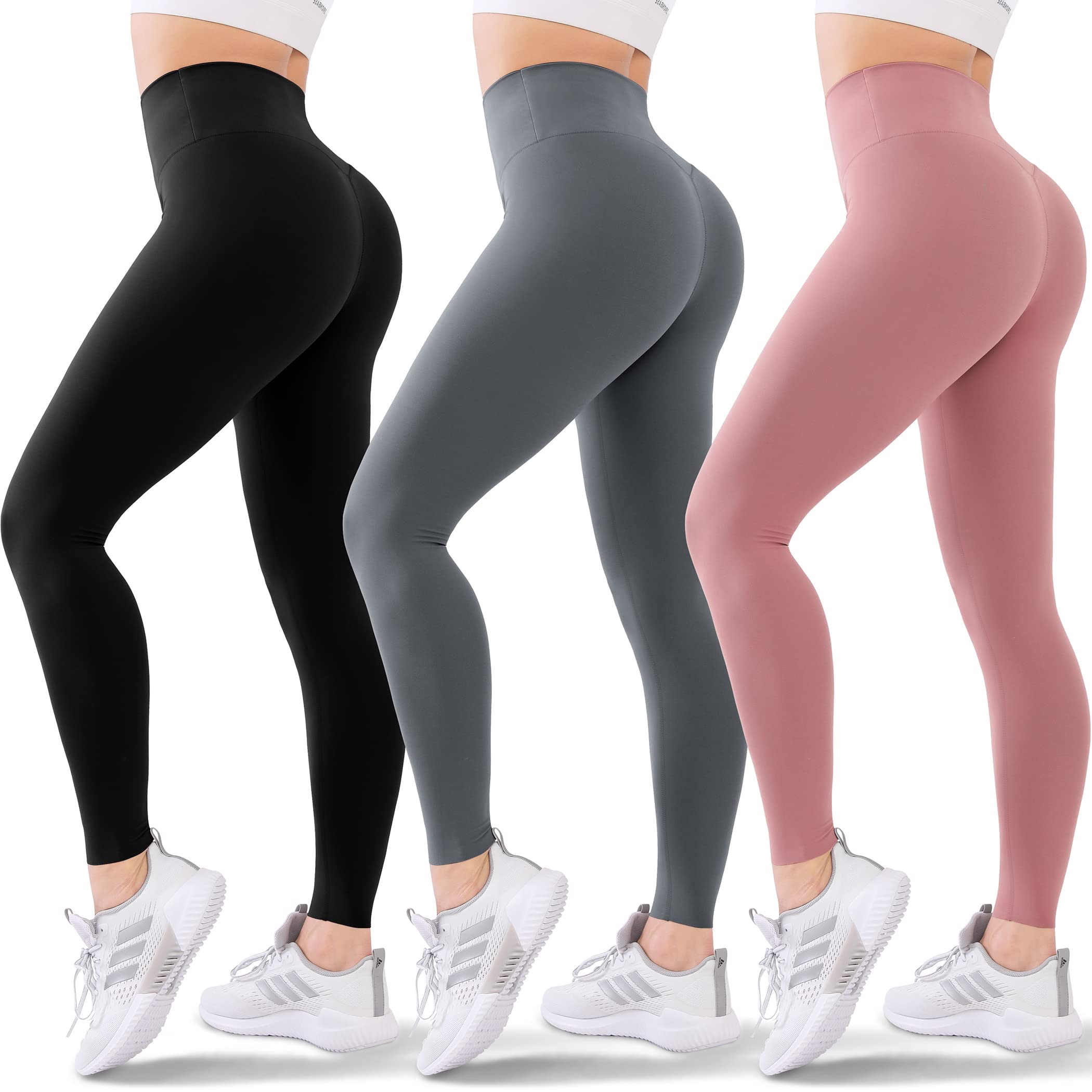 Blisset 3 Pack High Waisted Leggings for Women-Soft Athletic Tummy Control  Pants for Running Yoga Workout Reg & Plus Size Small-Medium 03-black/Dark  Grey/Rosy Brown