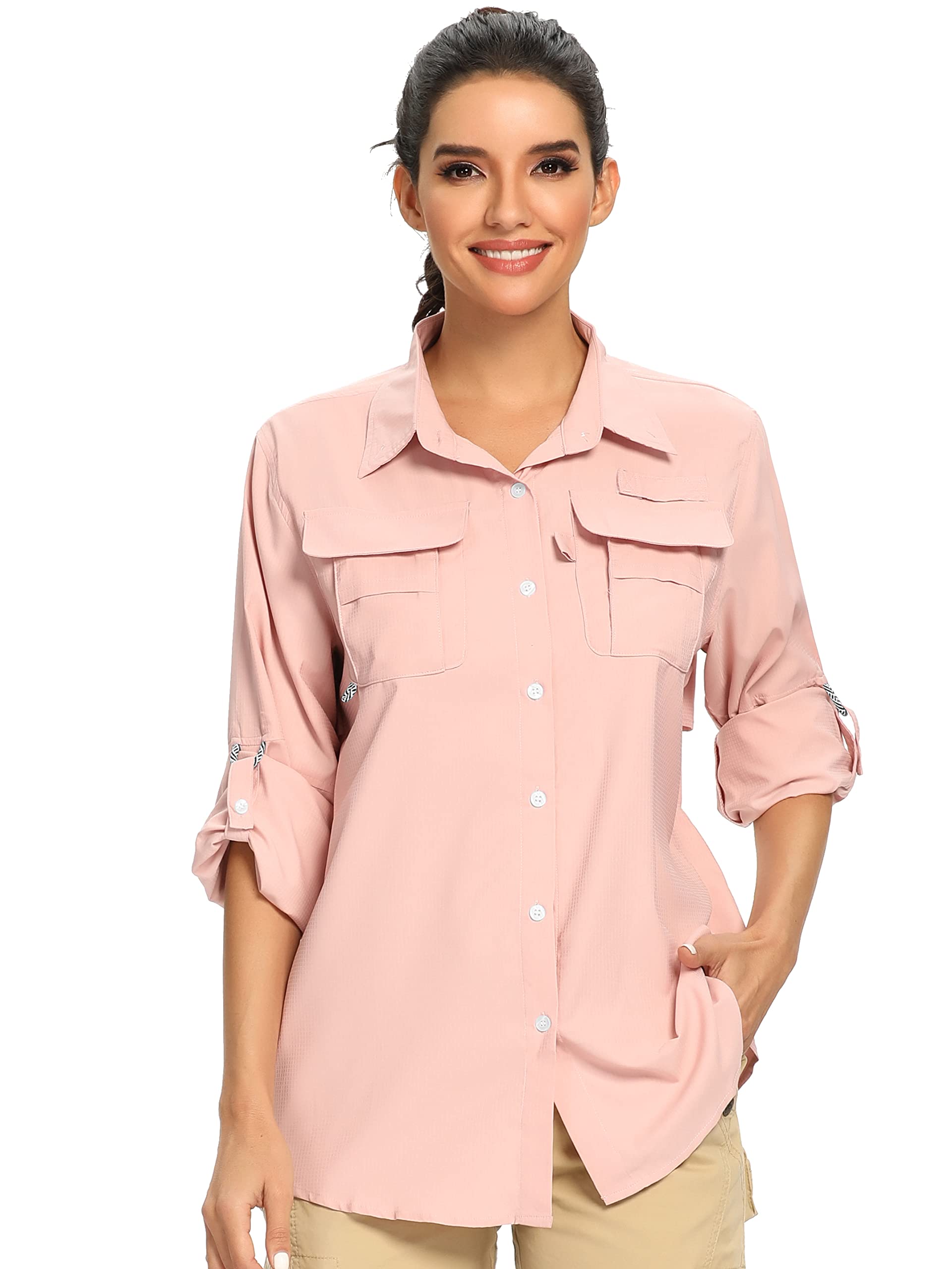 Women's UPF 50+ UV Sun Protection Safari Shirt, Long Sleeve Outdoor Cool Quick  Dry Fishing Hiking Gardening Shirts 5055 Pink Medium