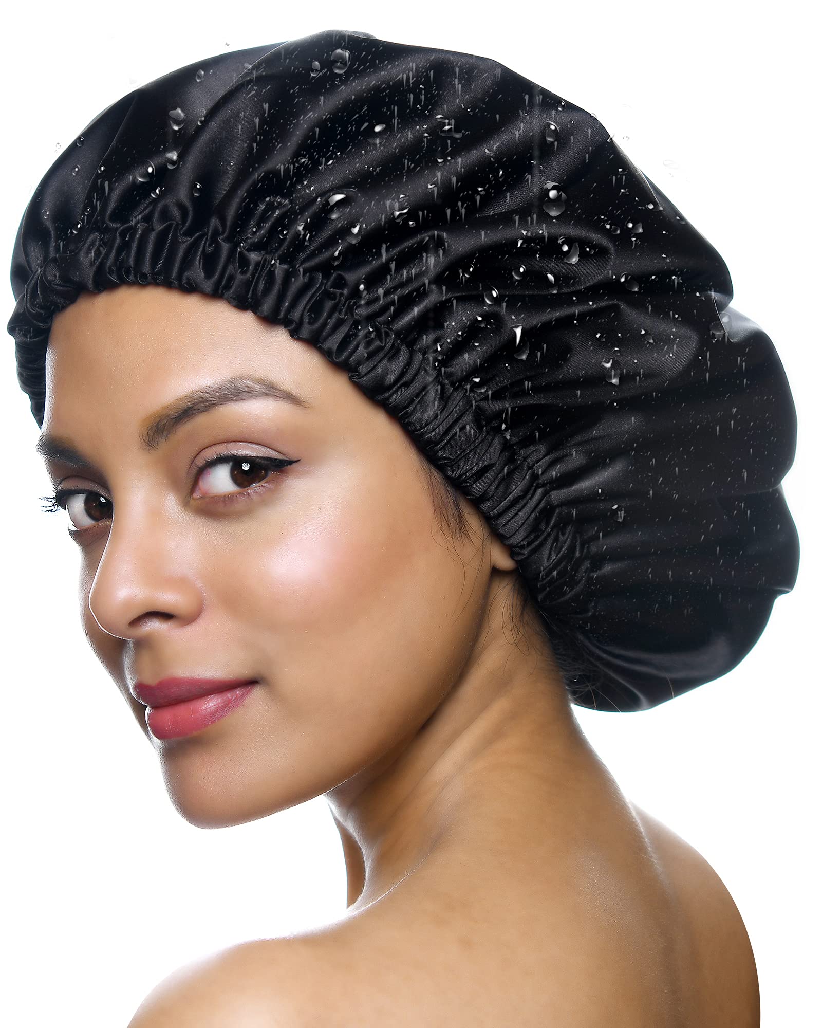 YANIBEST Shower Cap for Women - Hair Satin Bonnet Shower Cap for Men  Waterproof Extra Large Double Layer Reusable Adjustable for Braids Long Hair  (Large,Black) Large A-black