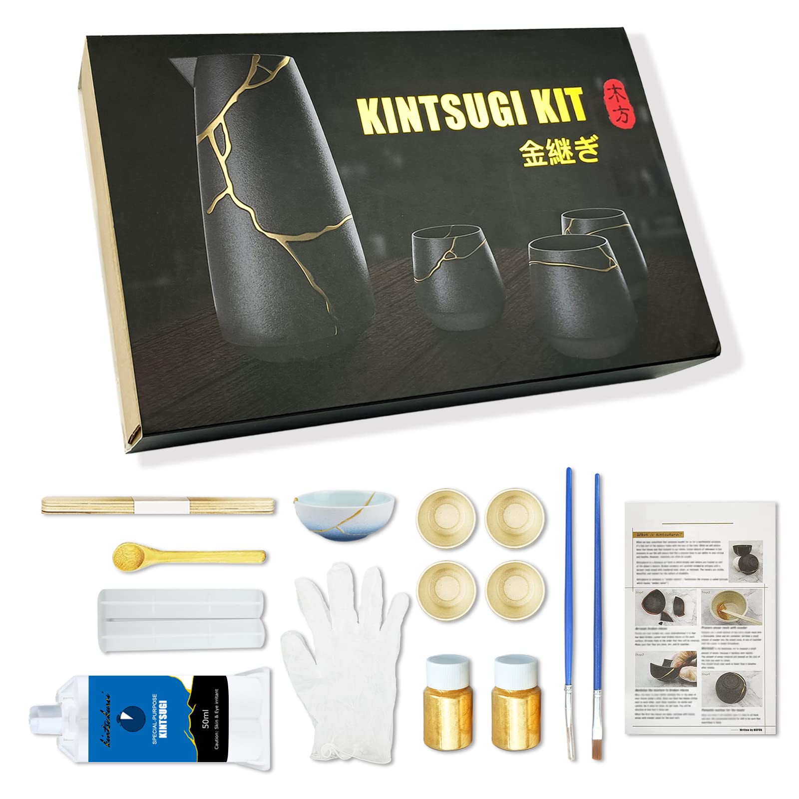 1DFAUL Kintsugi Repair Kit Gold, Japanese Kintsugi Kit to Improve Your Ceramic, Repair Your Meaningful Pottery with Gold Powder Glue, Perfect for
