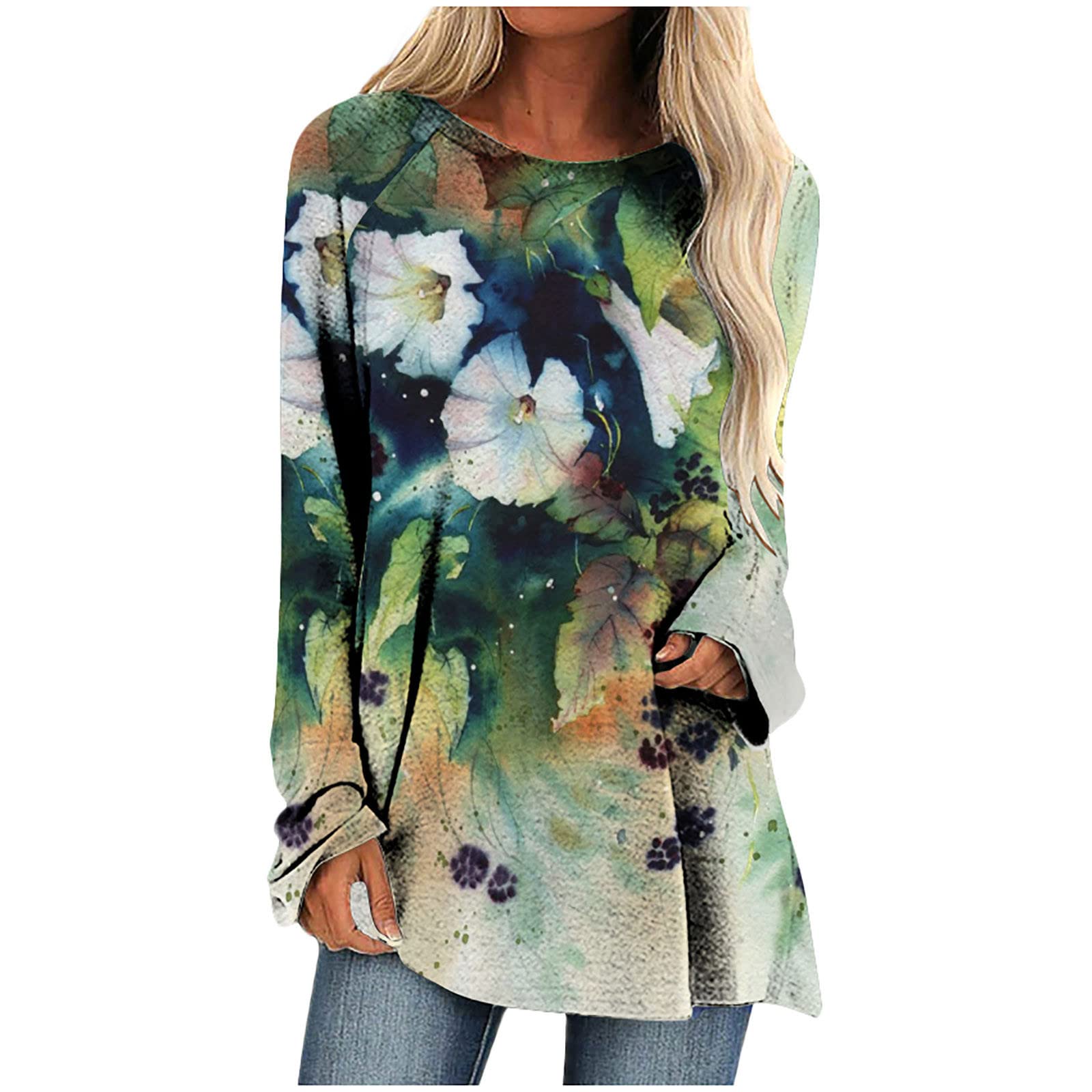 Plus Size Tops for Women Classic Flowers Printed Blouse Tees Loose Crewneck  Long Sleeve T Shirts Fit Pullover Tops Small Green