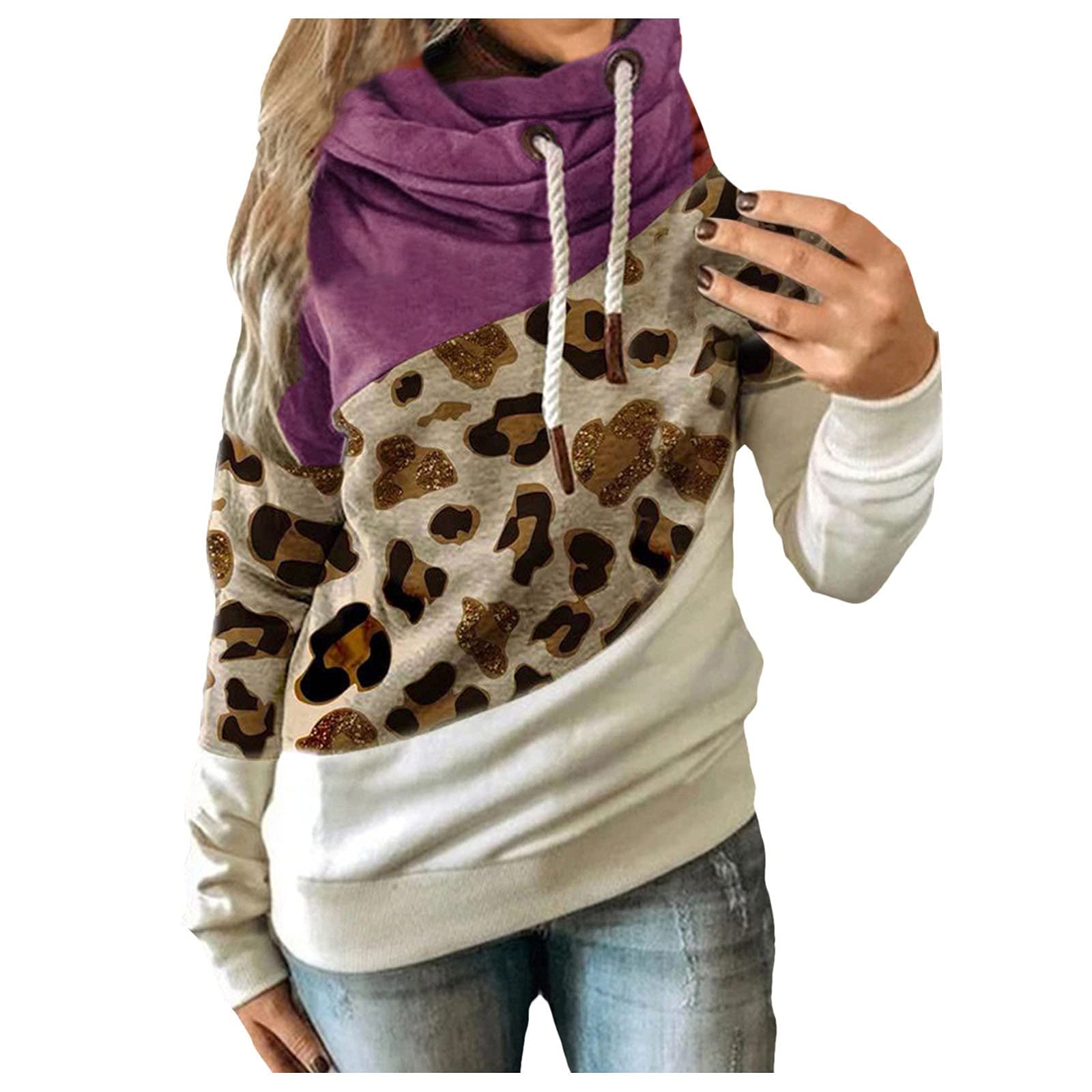 Ladies Casual Leopard Printed Hooded Top Splice Long Sleeve