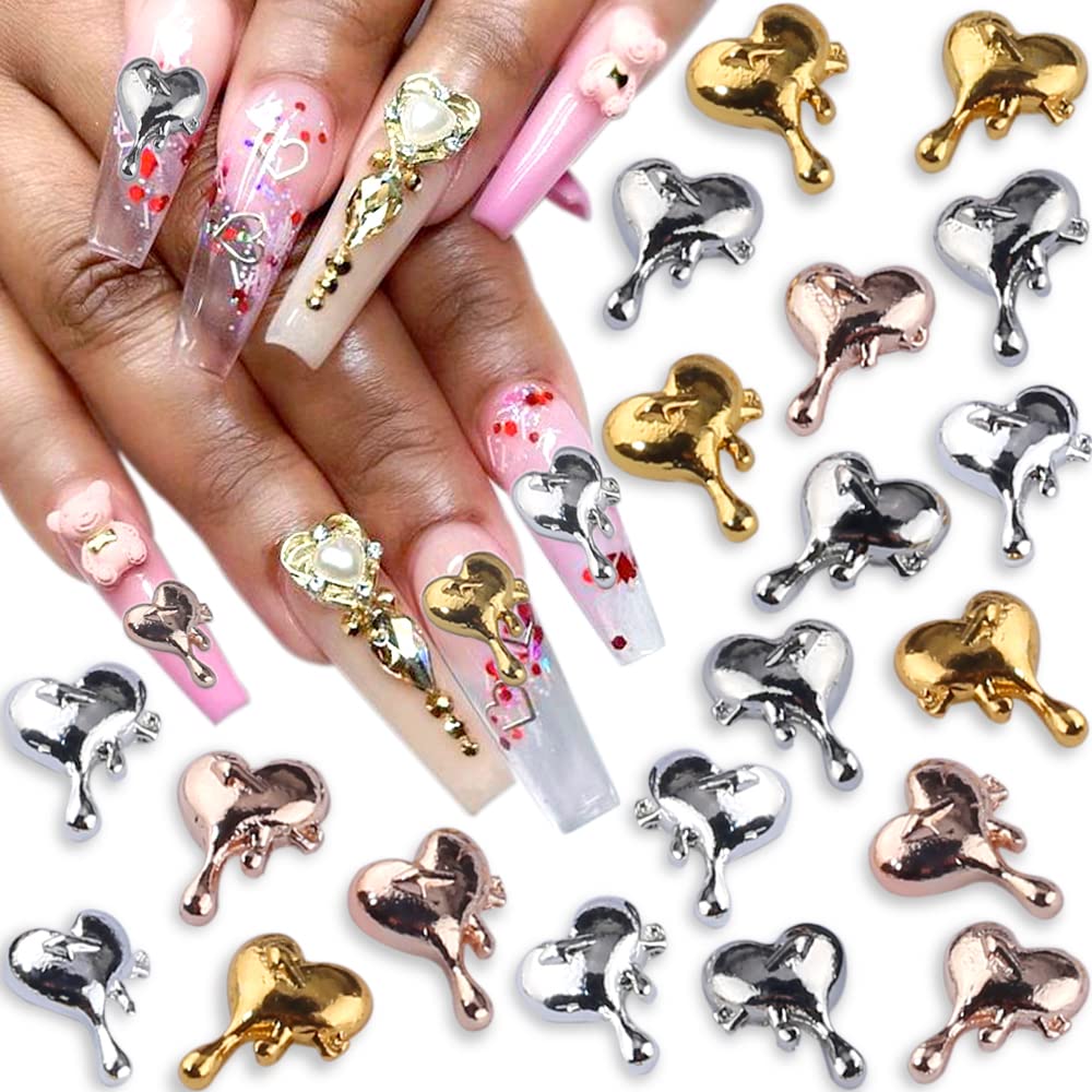 LOVE HEART GOLD METAL CHARMS VALENTINE NAILS 3D NAIL ART SMALL