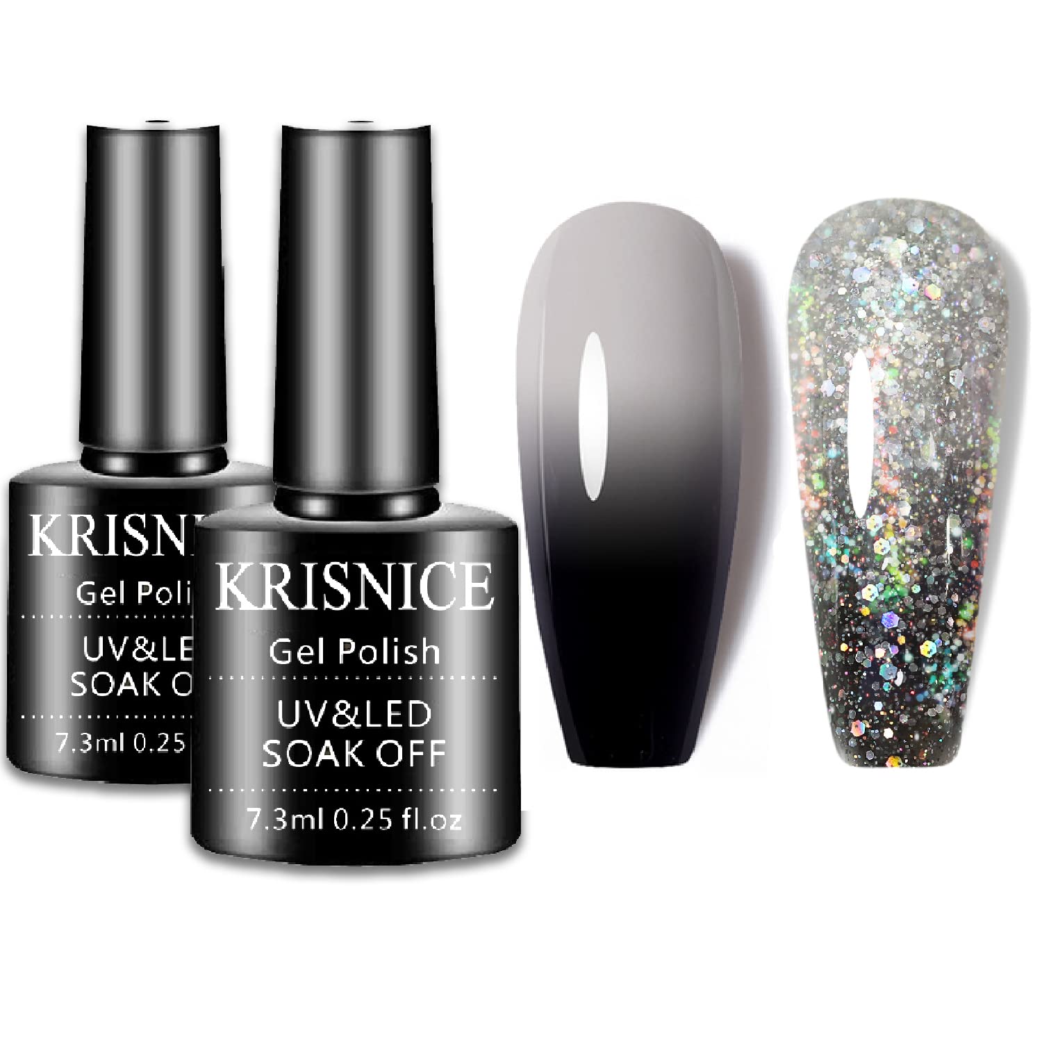 KRISNICE Color Changing Gel Nail Polish Gift Set White Black Glitter Mood Chameleon Soak Off UV KRISNICE Color Changing Gel Nail Polish Gift Set White Black Glitter Mood Chameleon Soak Off UV