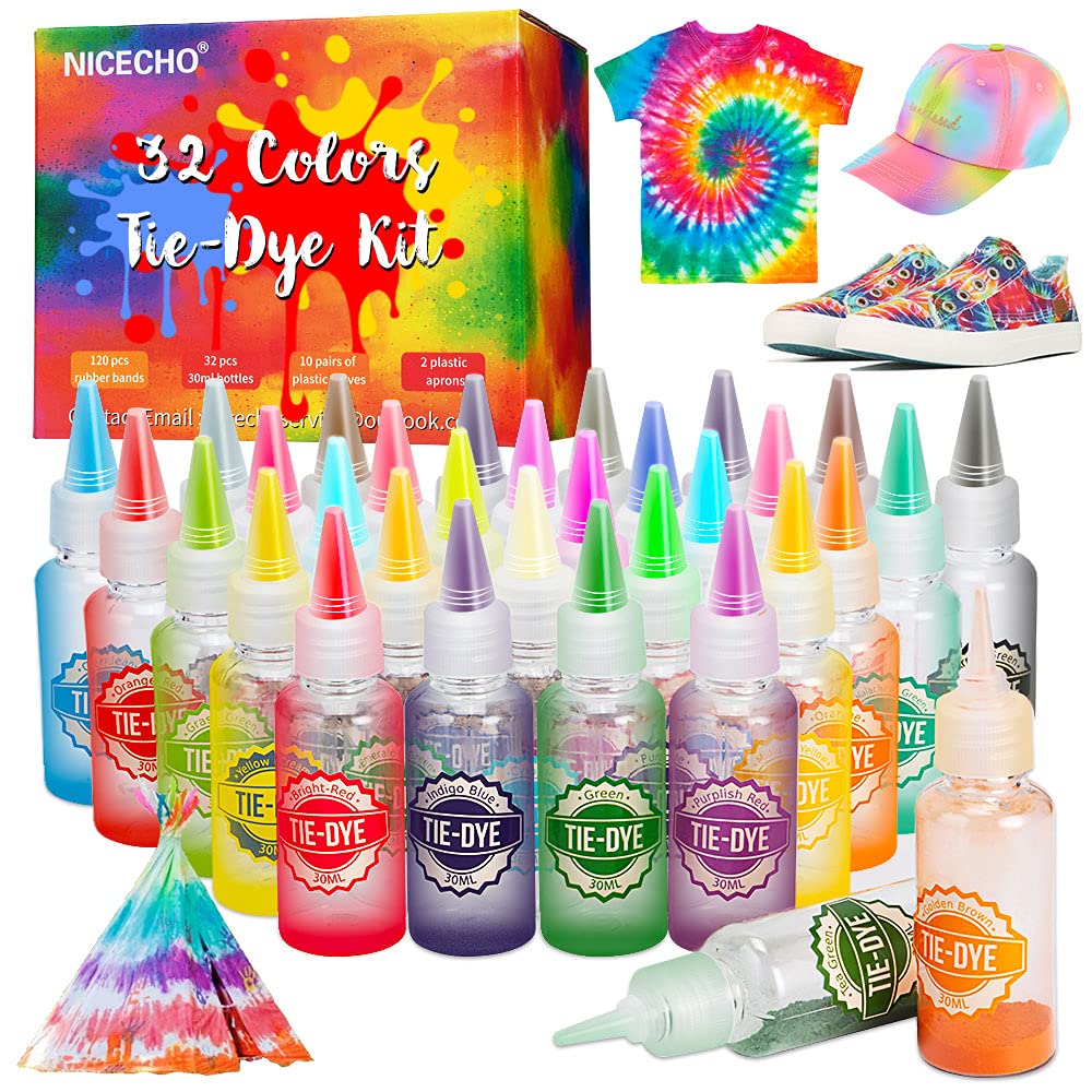 DIY Tie Dye Kits, Emooqi 32 Colours All-in-1 Tie Dye Set contain 32 Bag  Pigments, Rubber Bands, Gloves, sealed bag，Apron and Table Covers for Craft  Arts Fabric Textile Party DIY Handmade Project —