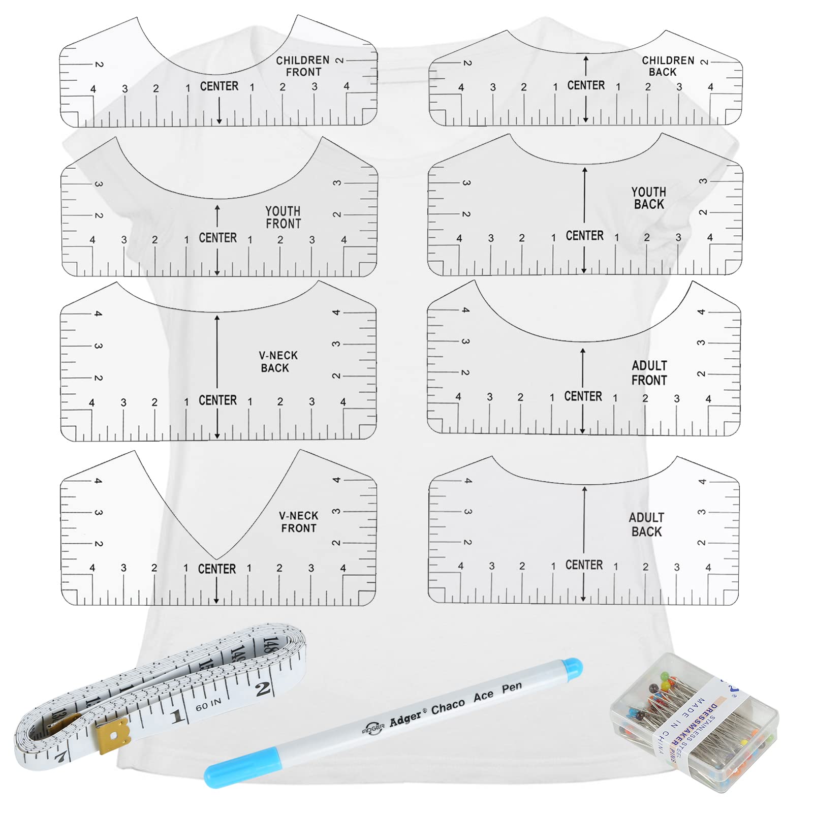 Koogel 8 Pcs Tshirt Ruler, T-Shirt Alignment Guide Tool Tshirt Ruler Guide  T Shirt Rulers to Center Designs for Transparent V-Neck/Round T Ruler  Children Youth Adult Front and Back Measurement