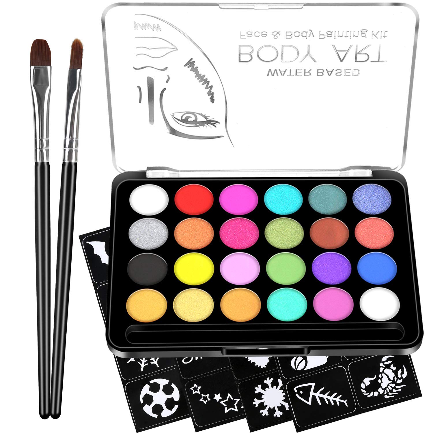 Face Paint Kit for Kids - 32 Stencils, 24 Large Water Based Paints, 2  Brushes, Professional Quality Face & Body Paint, Hypoallergenic Safe &  Non-Toxic, Ideal for Halloween Party Face Painting 24 colors