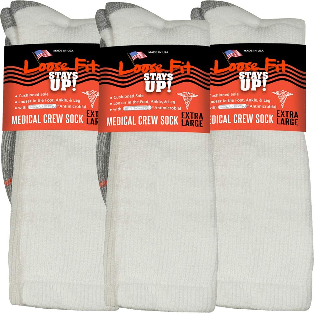 Loose Fit Stays Up Men's and Women's Medical Socks (Pack of 3) Made in USA.  Cushioned Sole Medium White