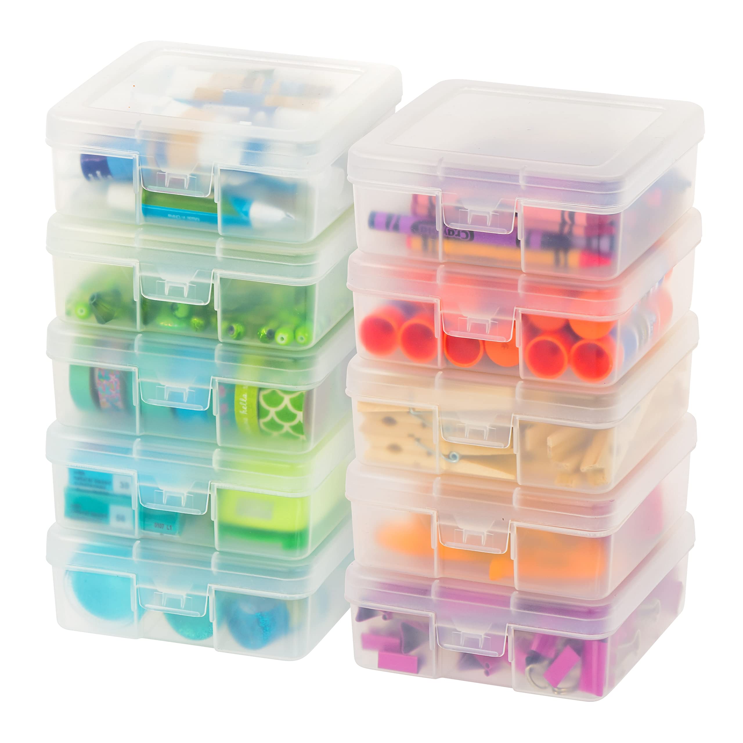IRIS USA Small Plastic Hobby Art Craft Supply Organizer Storage Box with  Snap-Tight Closure Latch, 10 Pack, Art Satchel Storage Case for Ribbons,  Beads, Sticker, Yarn, and Ornaments, Stackable, Clear Small 