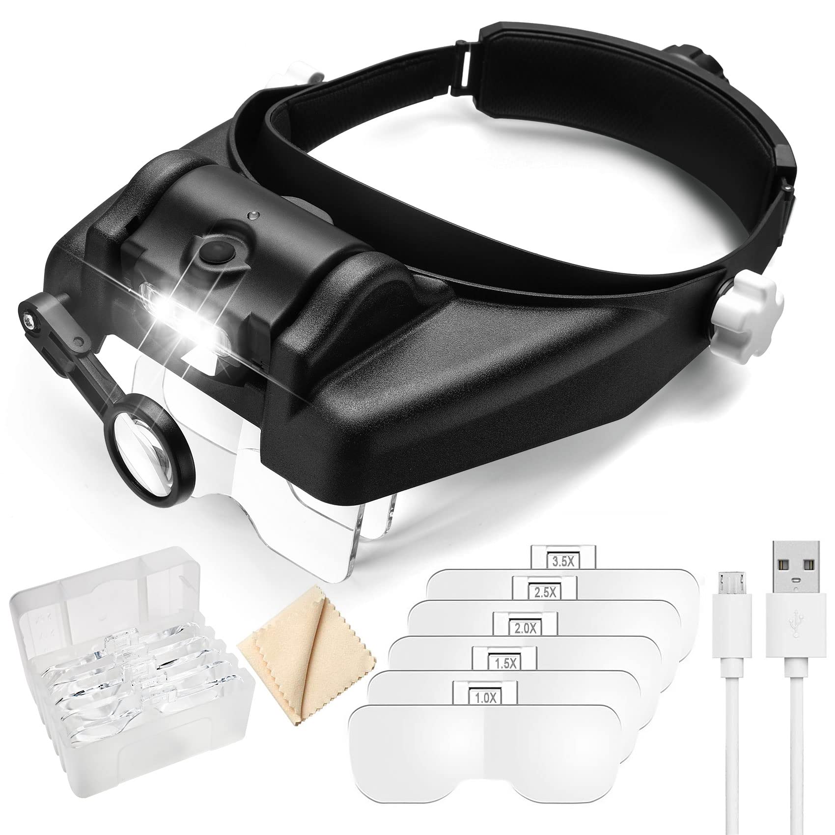 Headband Headset Magnifier Magnifying Glass Loupe Glasses with LED Light for Reading Jewelers, Size: Small, White