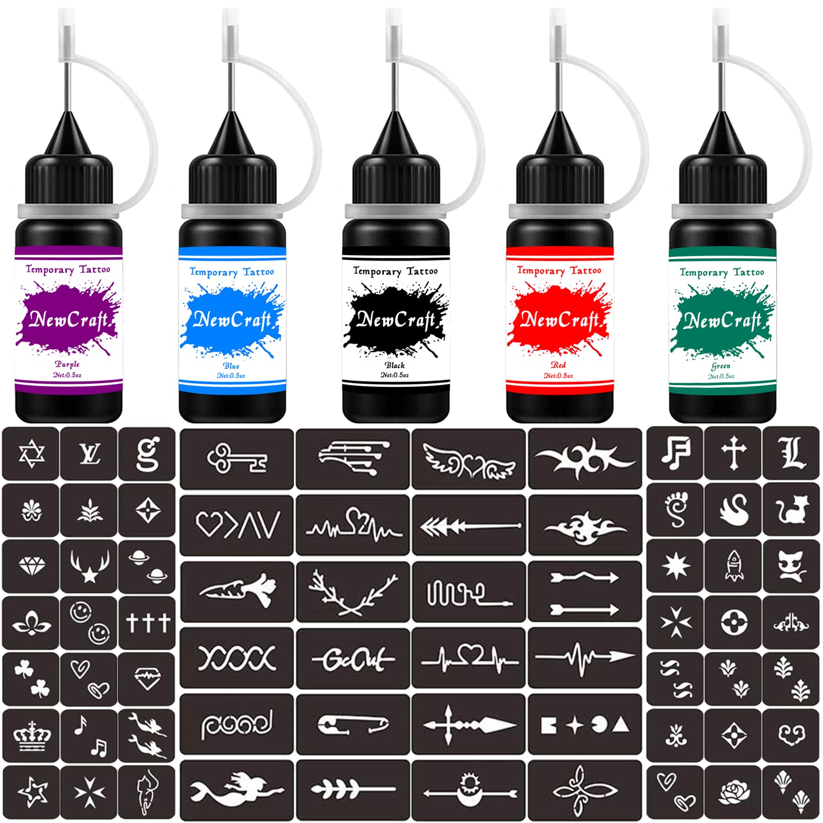 Tattoo Kit with 5 Colors Fruity Ink and 64 Patterns Adhesive Stencils, Semi  Permanent Tattoo Inkbox