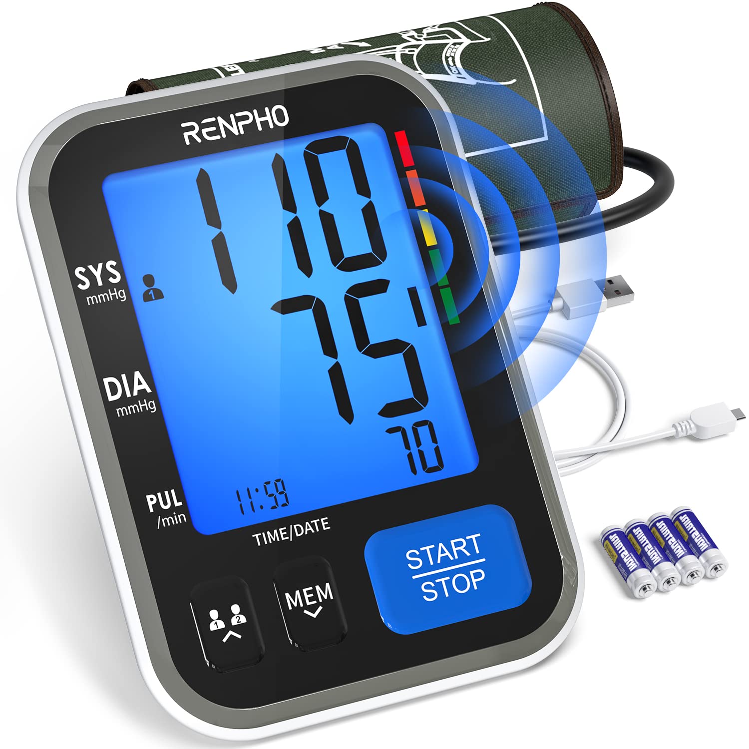 Blood Pressure Machine, RENPHO Blood Pressure Cuffs for Home Use, Accurate  Automatic Digital BP Monitor with Upper Arm Large Cuff 16.5 inch, Large  Display, 2-Users, 240 Recordings, Talking Function Talking Blood Pressure M