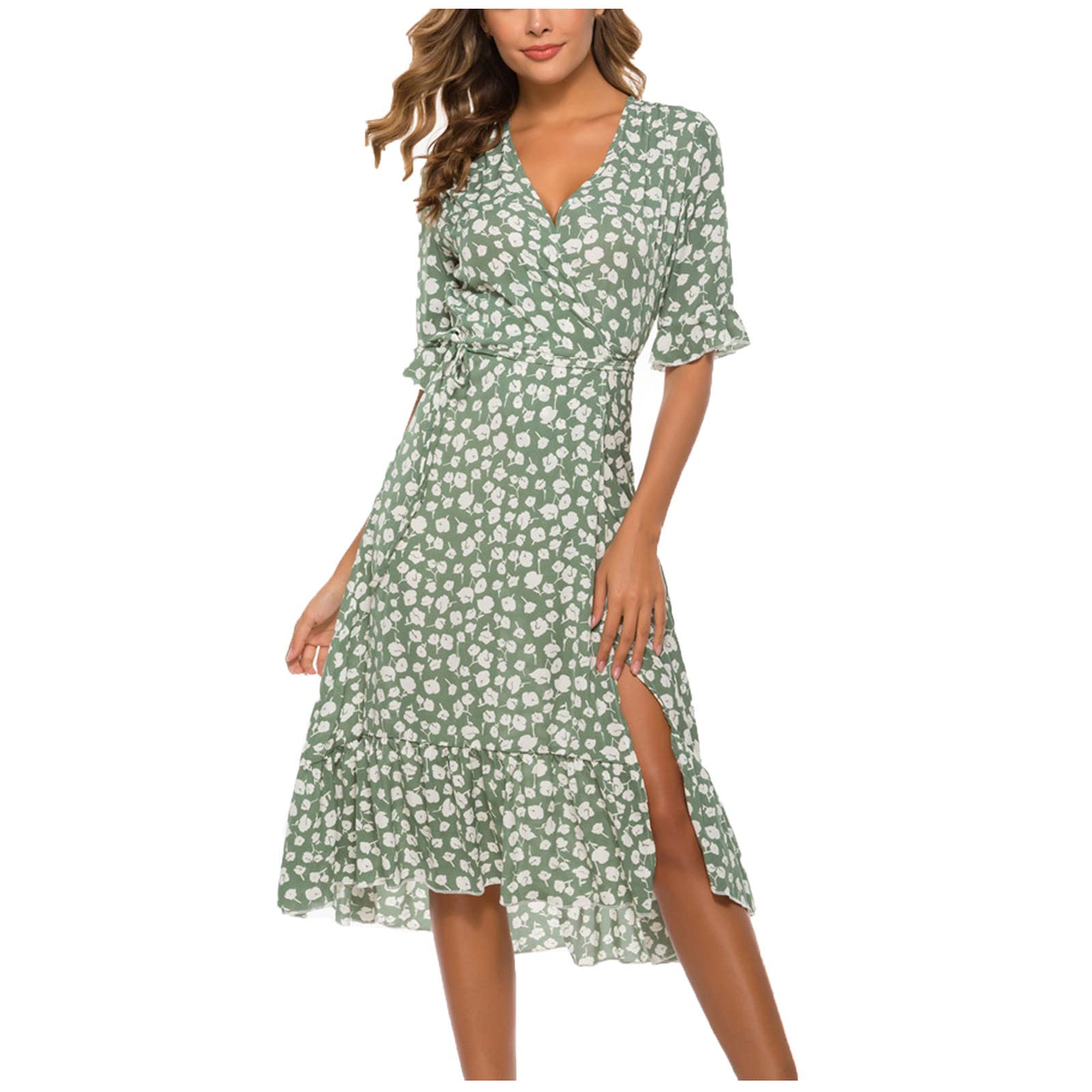 Women's Green V Neck Summer Dress Short Sleeve Long Flowy Beach