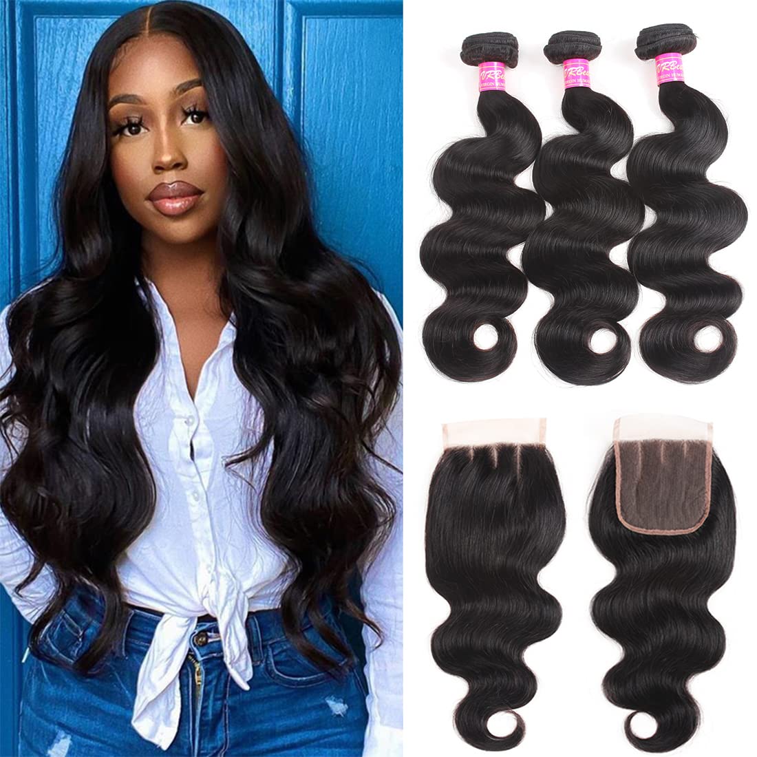 Body Wave Bundles with Closure (10 12 14+10) Brazilian Human Hair 3 Bundles  with 4x4 Lace Closure Virgin Hair 12A Unprocessed Human Hair Extensions  Weave Weft With Closure Natural Color 10/12/14+10 Inch Body Bundles with C…