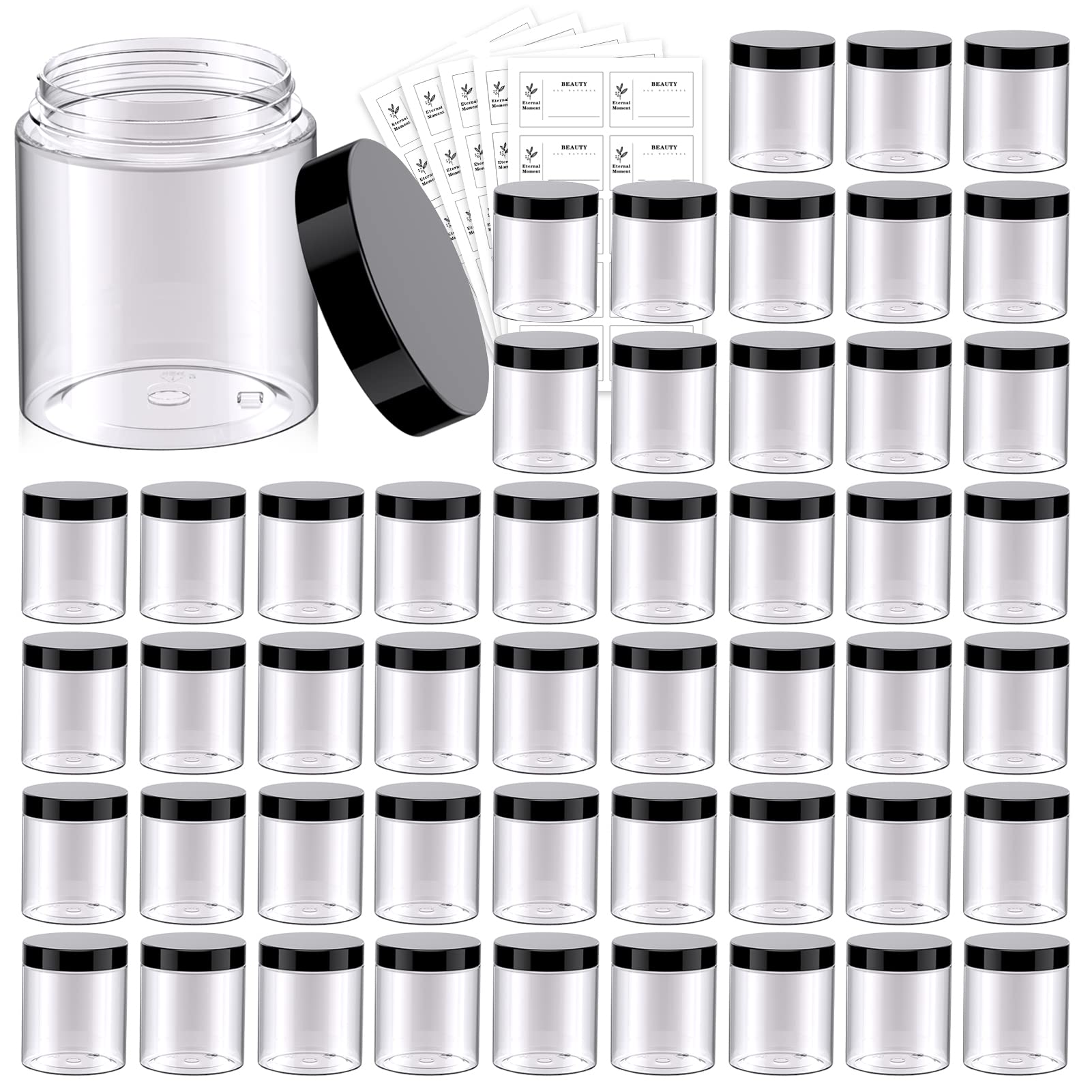 16 oz Plastic Jars, Clear PET Jars w/ Frosted Black Lined Caps