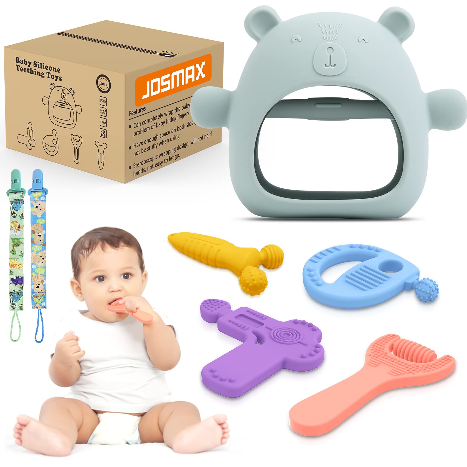 Baby Teething Toys Teethers for Babies 3-6 Months 6-12 Months Freezer BPA  Free Infants Silicone Bear Mitten Teether Molar Chew Toys Relief Soothe  Babies Set Car Seat Toy for New Born - 5 Pack