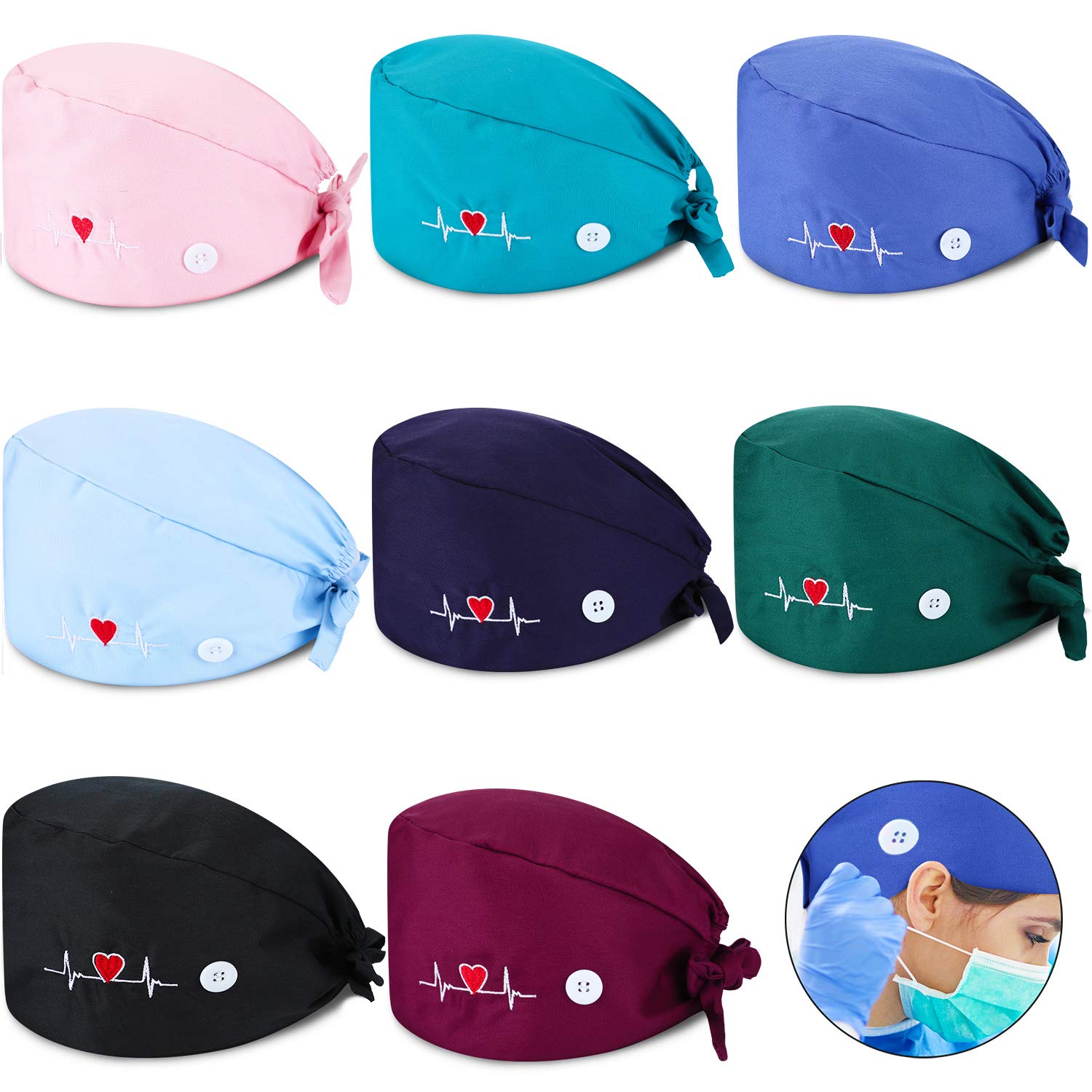 SATINIOR 8 Pieces Bouffant Caps with Buttons Sweatband Tie Back Bouffant  Turban Caps for Women Men