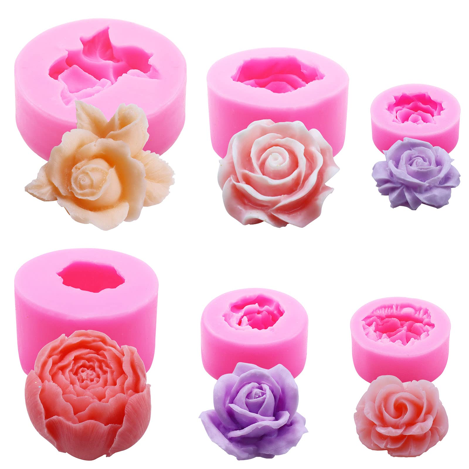 6Pcs 3D Flower Silicone Molds Set, Bloom Rose Silicone Molds for Soap Making  ,Peony Molds for Handmade Chocolate, Cupcake, Dessert Decoration (6Pcs A)