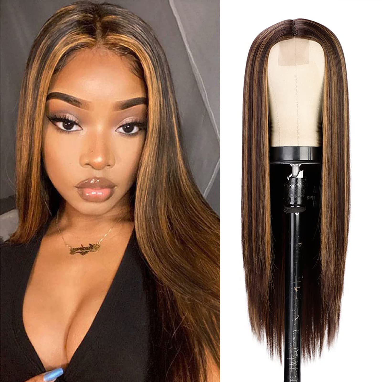 Long Straight Highlights Wig for Black Women Brown Mixed Blonde Wig 28 Inch  Synthetic Middle Part Hair Natural hairline Wigs Heat Resistant Fibre for  Daily Party Use