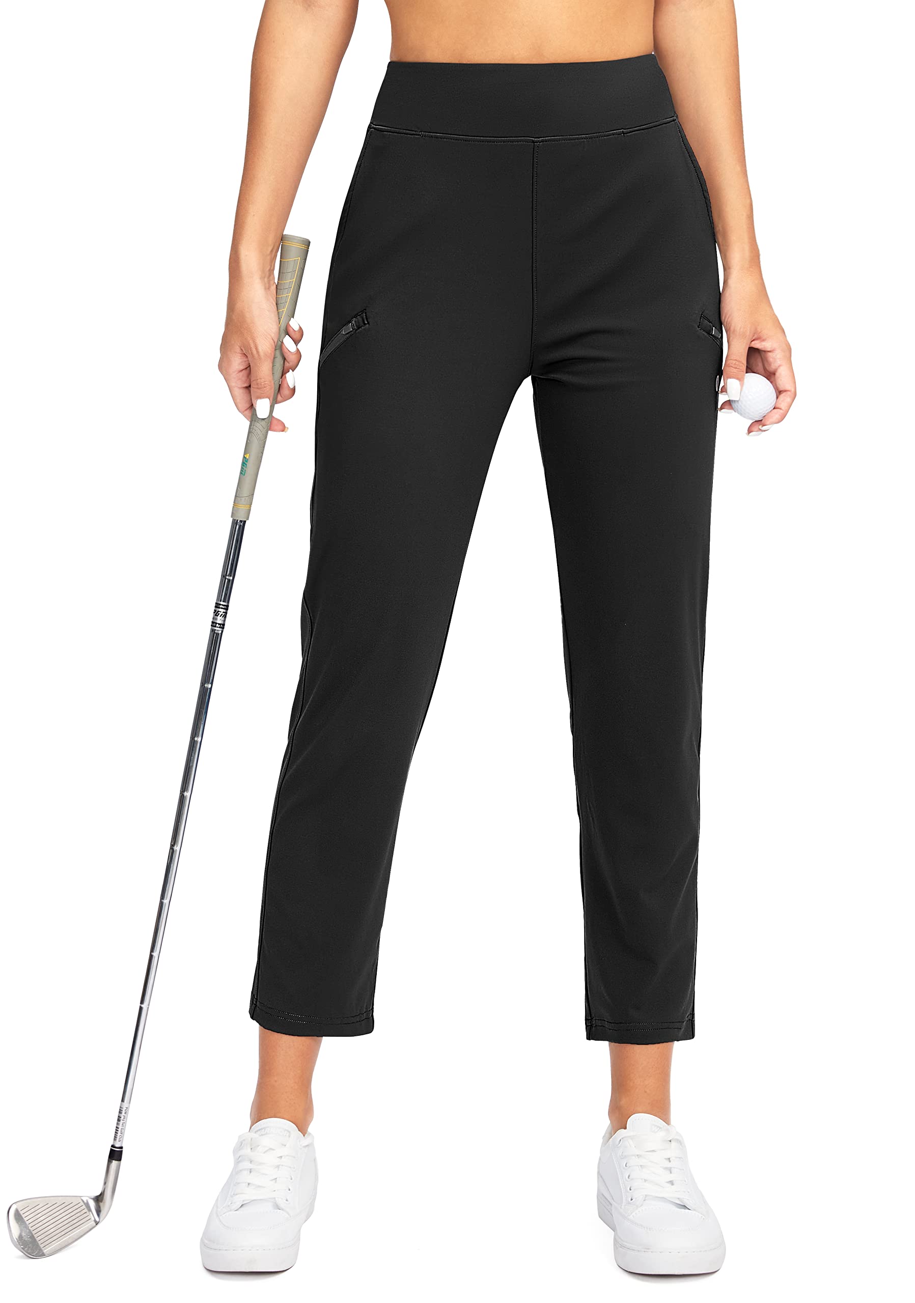 SANTINY Women's Golf Pants with 3 Zipper Pockets 7/8 Stretch High Waisted  Ankle Pants for Women Travel Work Black X-Small