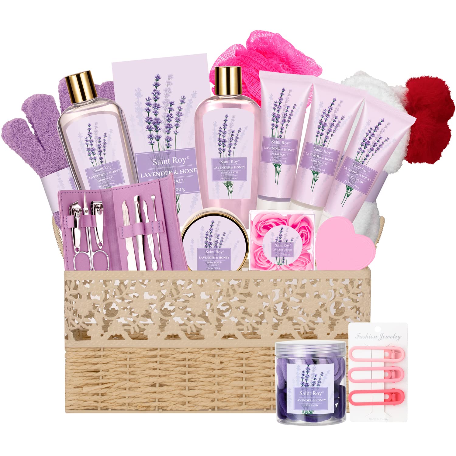 Lovery Honey Lavender Home Bath Gift Set -15pc Relaxation Gifts | One Size | Bath + Body Gift Sets | Beauty