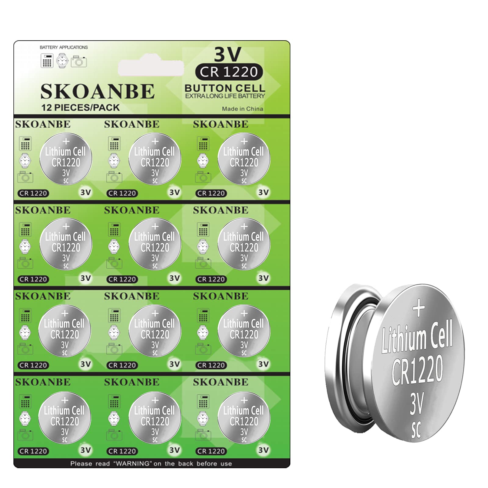 SKOANBE 1220 3V Lithium Button Coin Cell CR1220 Battery 12PCS 12