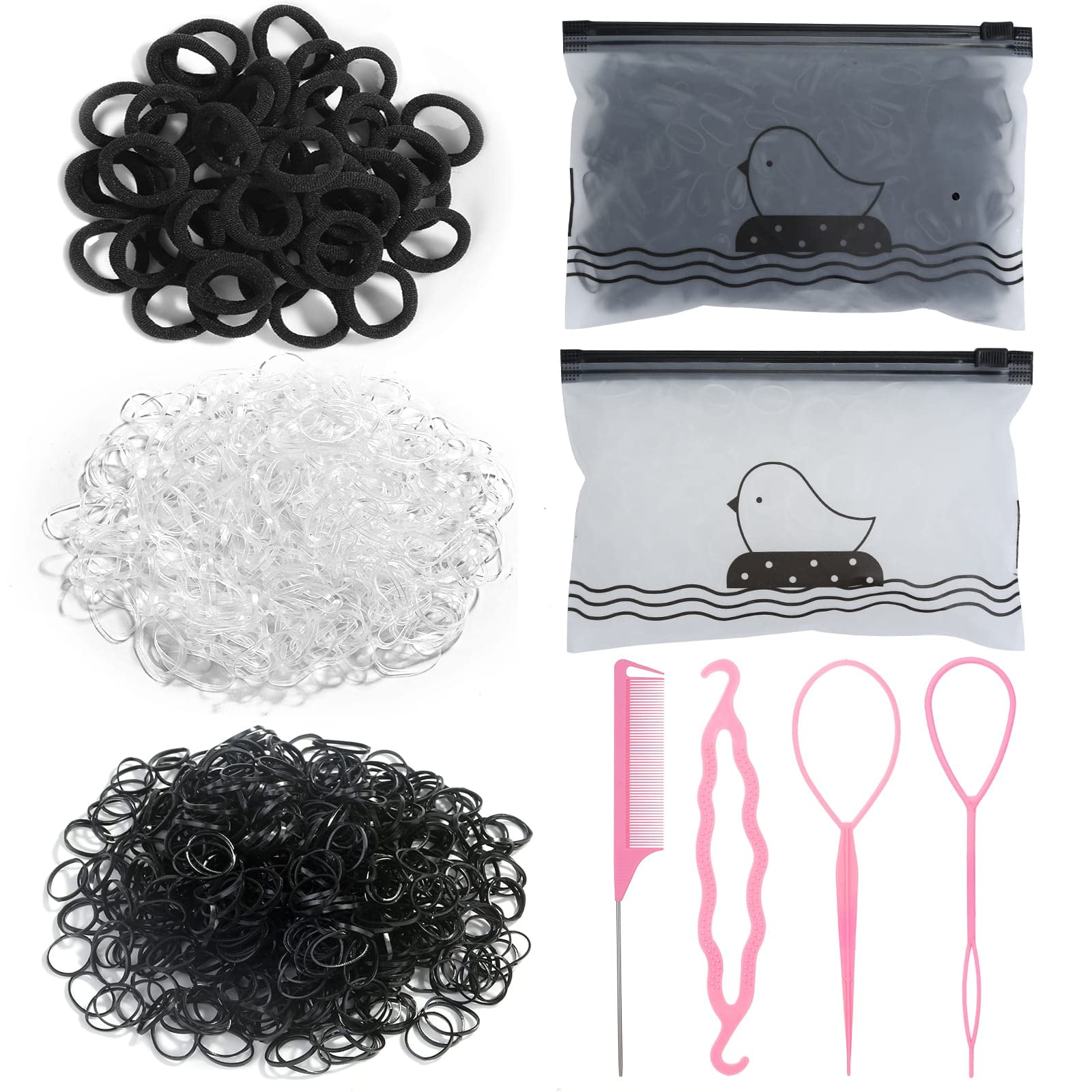 2054Pcs Hair Rubber Bands Clear and Black Small Elastic Rubber Bands for  Hair with Seamless Hair Ties Topsy Pony Tail Hair Tool Rat Tail Comb for  Women Baby Girls Hair Styling Accessories