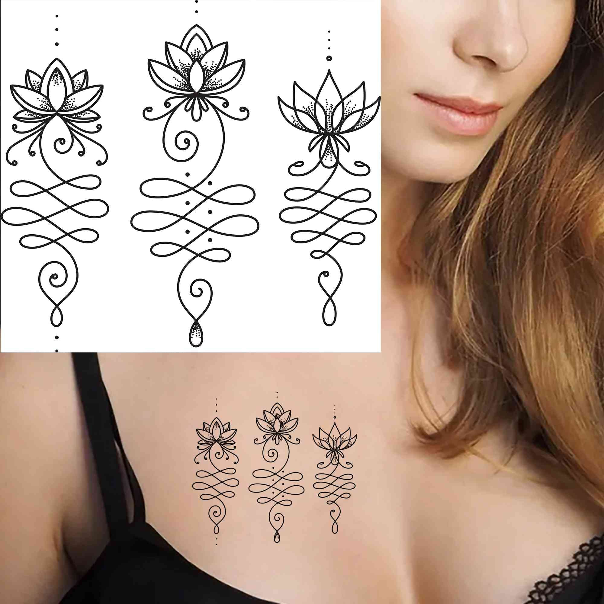 Continuous Line Lotus Unalome Temporary Tattoo - Set of 3 – Tatteco